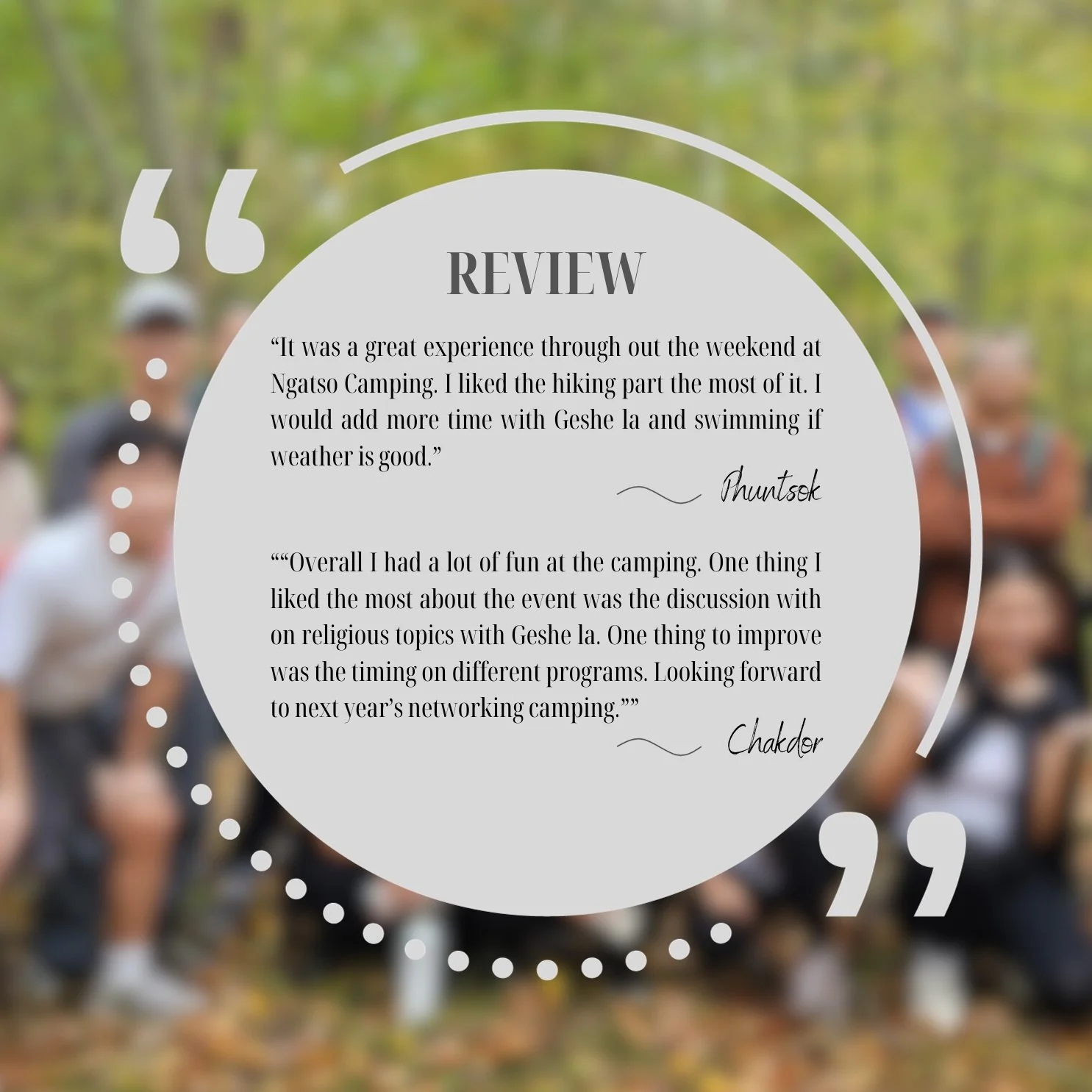 A review quote overlaid on a blurred background of people in a forested outdoor setting.