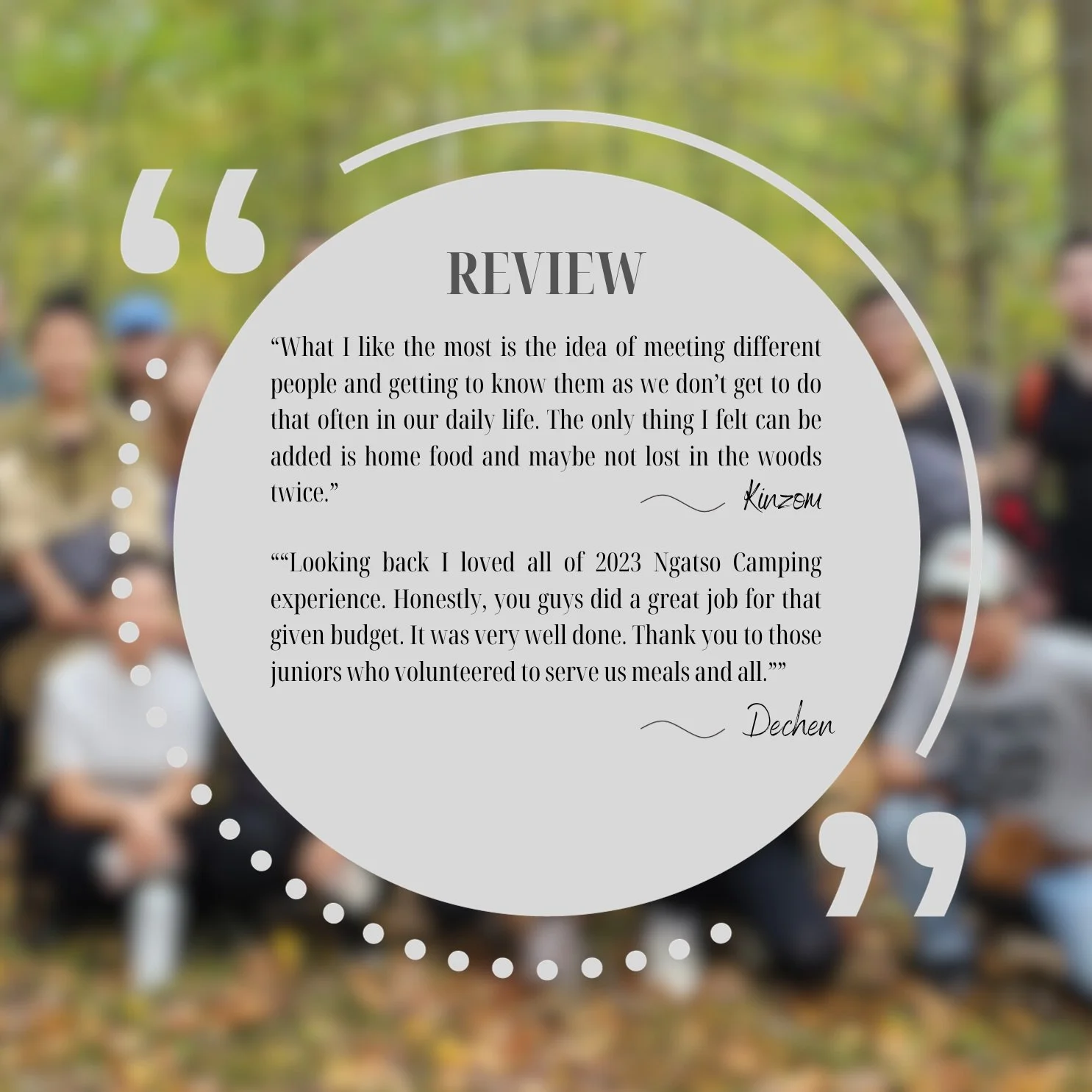 Group of people gathered outdoors in a wooded area during daytime, with a large circular overlay containing text reviews, quotation marks, and decorative dotted elements.