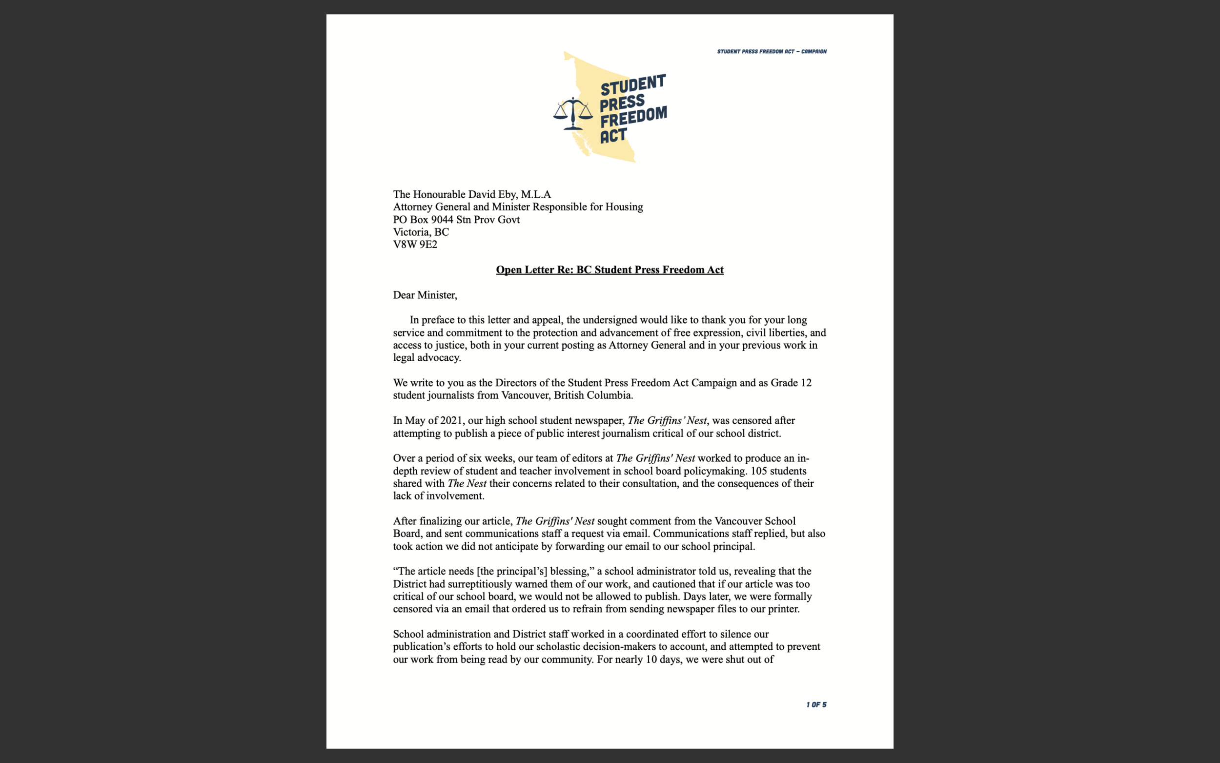 Open Letter Sent to Attorney General Eby