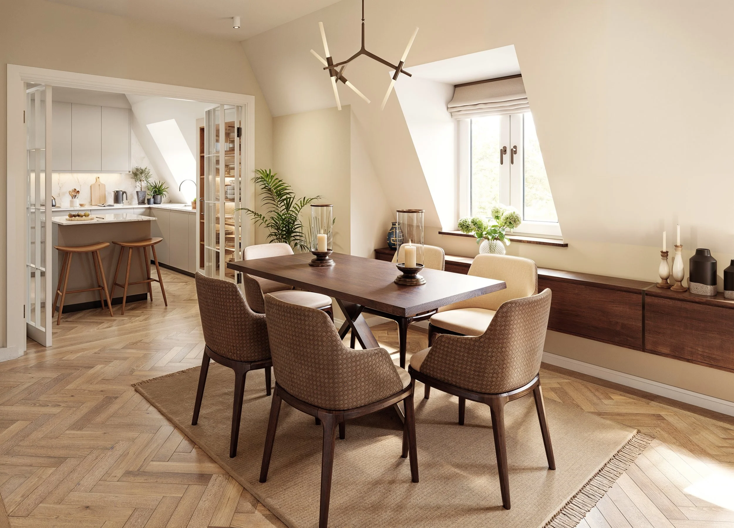 A dining room with a wooden table  and a sideboard with decorative candles and vases; visible connected to a kitchen area with stools and white cabinetry. listed building  flat conversion penthouse interior design