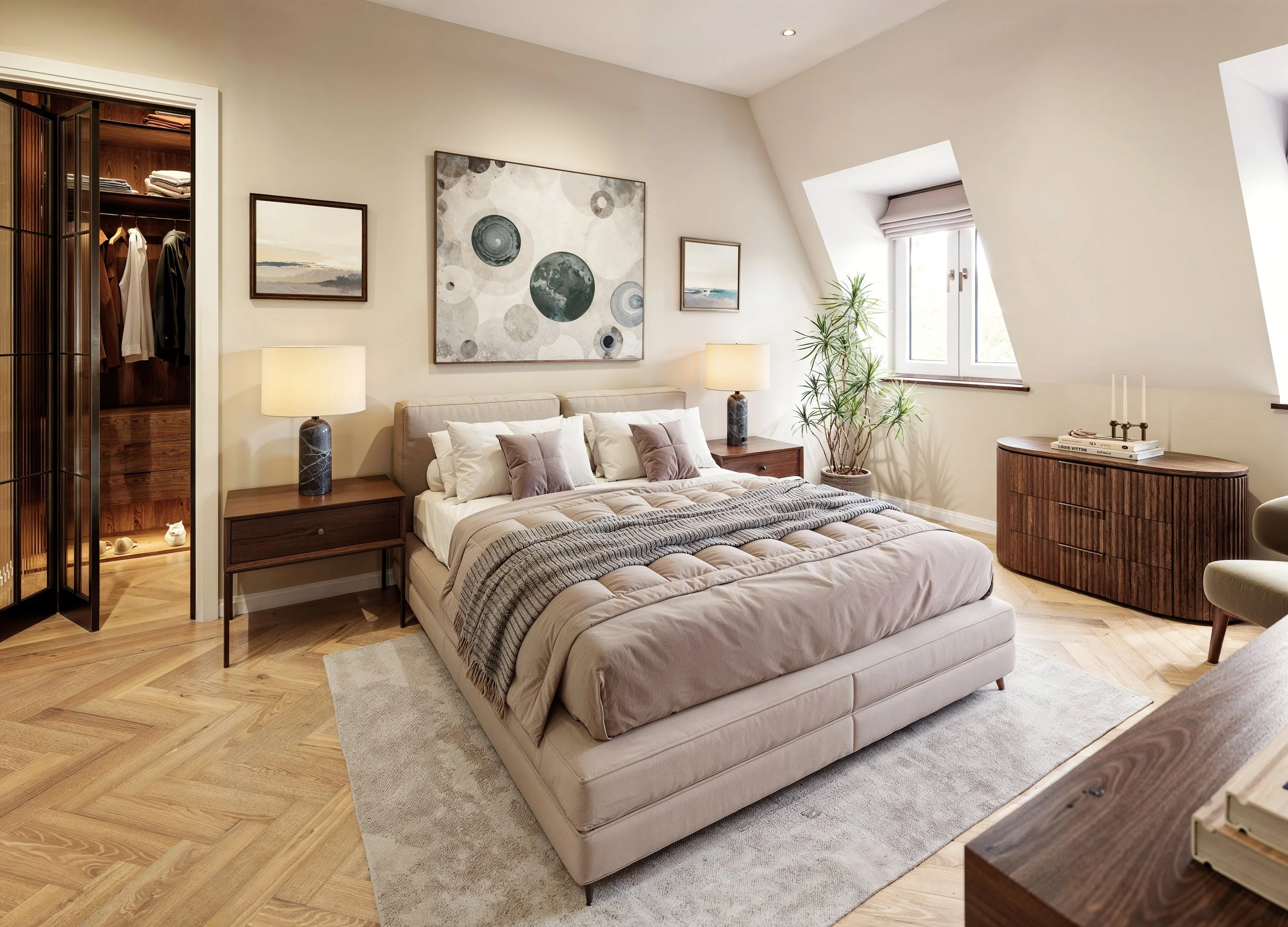 A modern bedroom with a large bed, two wooden nightstands with lamps, a closet, wall art, and a window with a plant nearby. listed building  flat conversion penthouse interior design