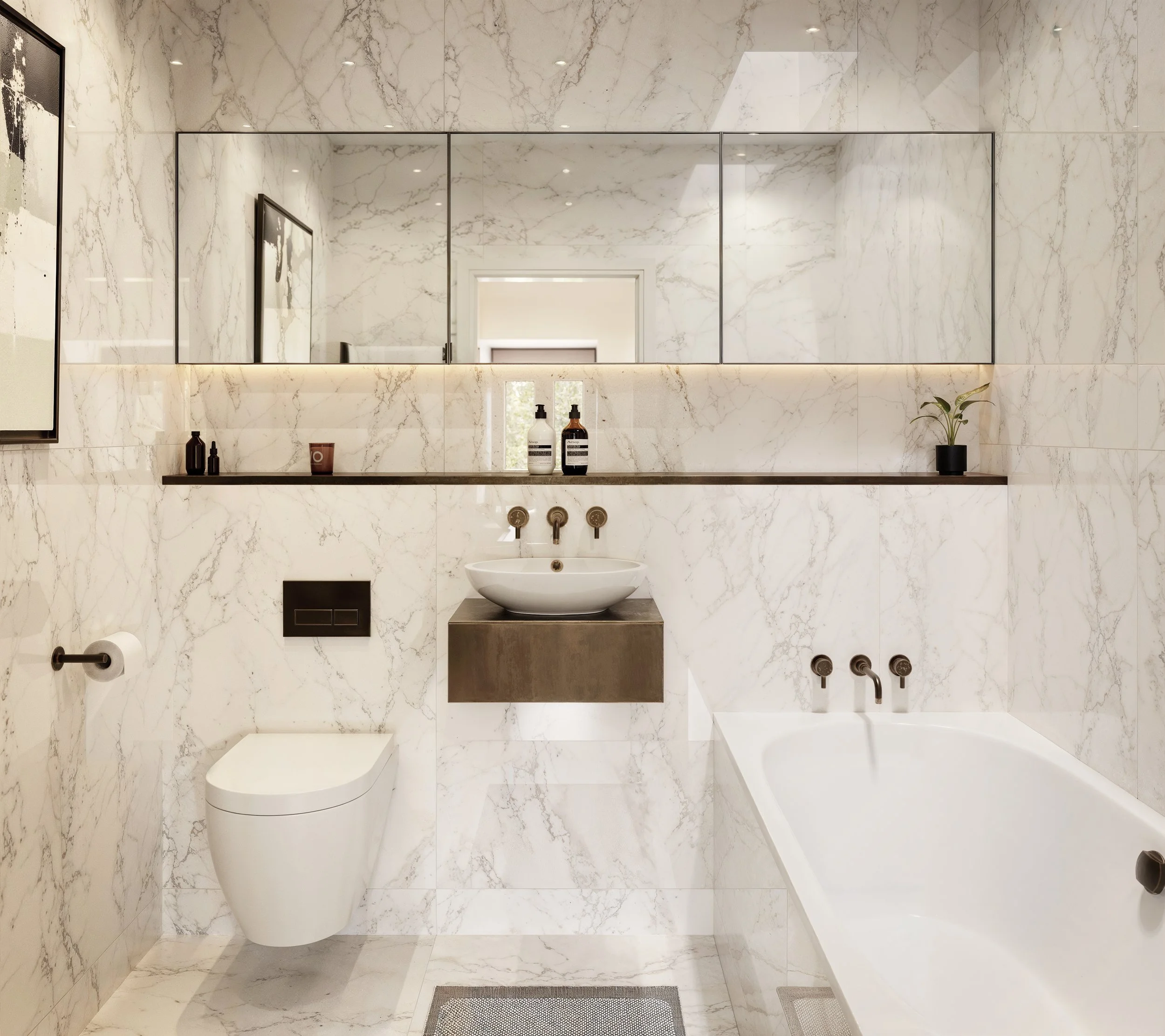 Modern bathroom with white marble walls and floor, wall-mounted toilet, floating vanity with vessel sink, large mirror, a bathtub with wall-mounted fixtures, listed building  flat conversion penthouse interior design
