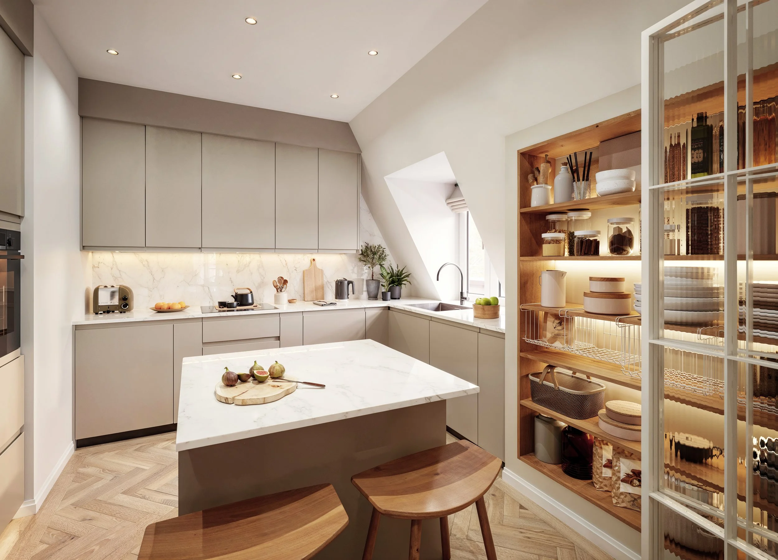 Modern kitchen with white cabinets, marble countertops, a small island with a wooden stool, open wooden shelving with dishes and jars, a window, listed building  flat conversion penthouse interior design