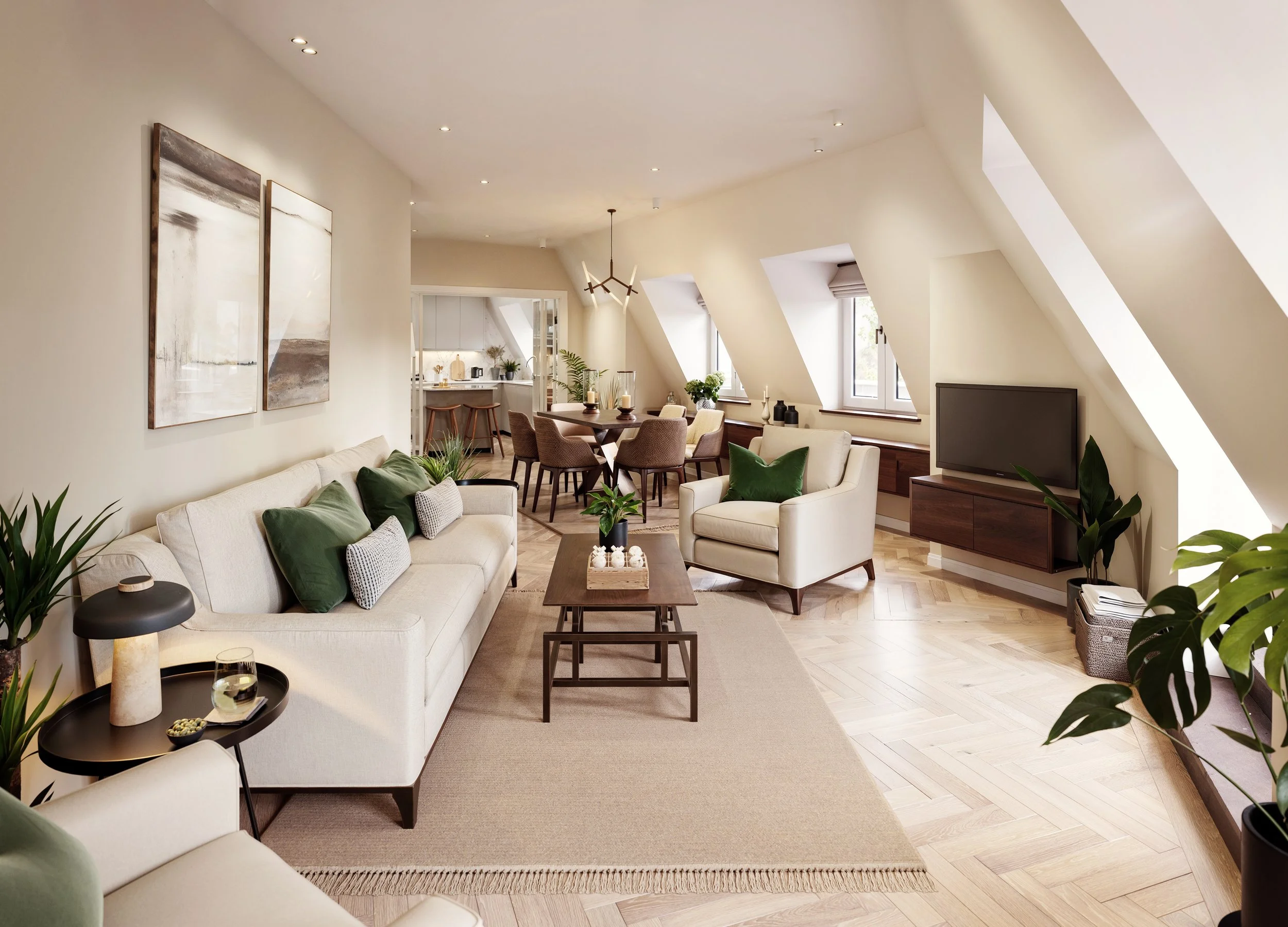 Spacious living room with cream-colored sofa and armchair, wooden coffee tables, green and white pillows, potted plants,  wooden flooring dining area listed building  flat conversion penthouse interior design