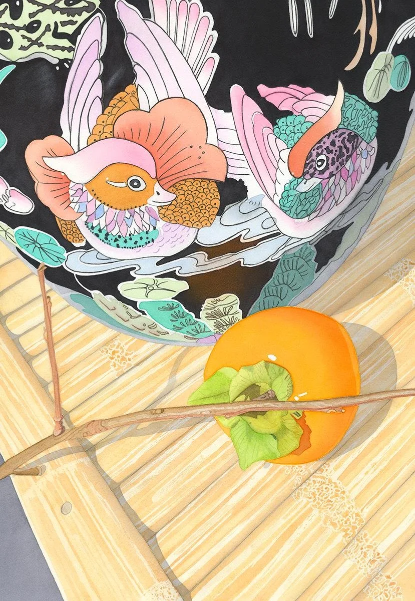 Baker,Sally,Persimmon with Bamboo and Ducks.jpg