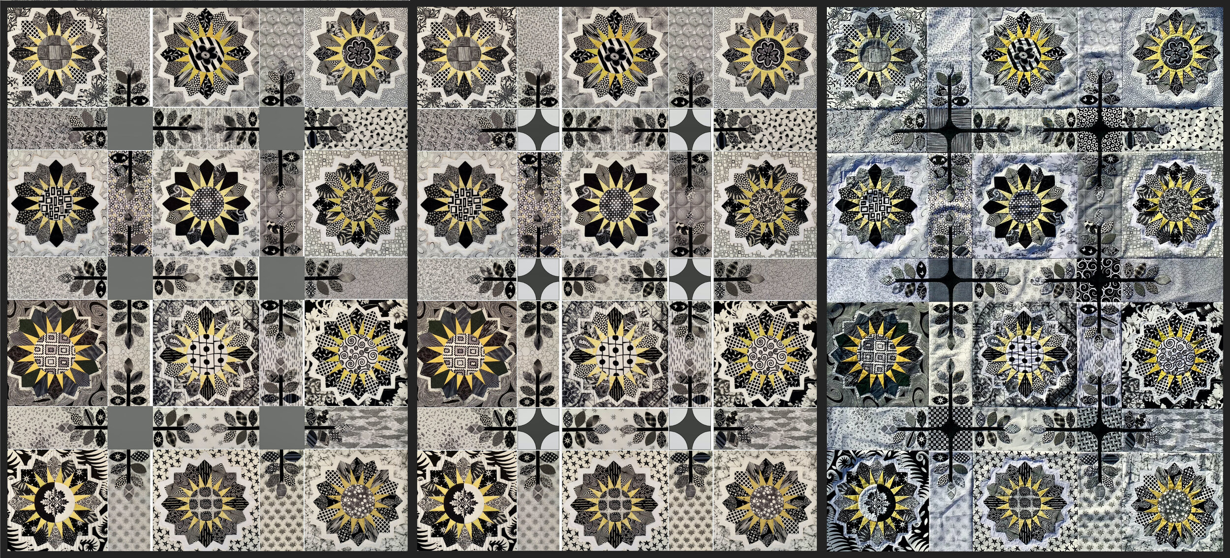 Evaluating the posts by uploading images into spreadsheet cells, medium value solid posts on the left, light quarter circle applique in the middle version, and I chose the medium value quarter circles on the right