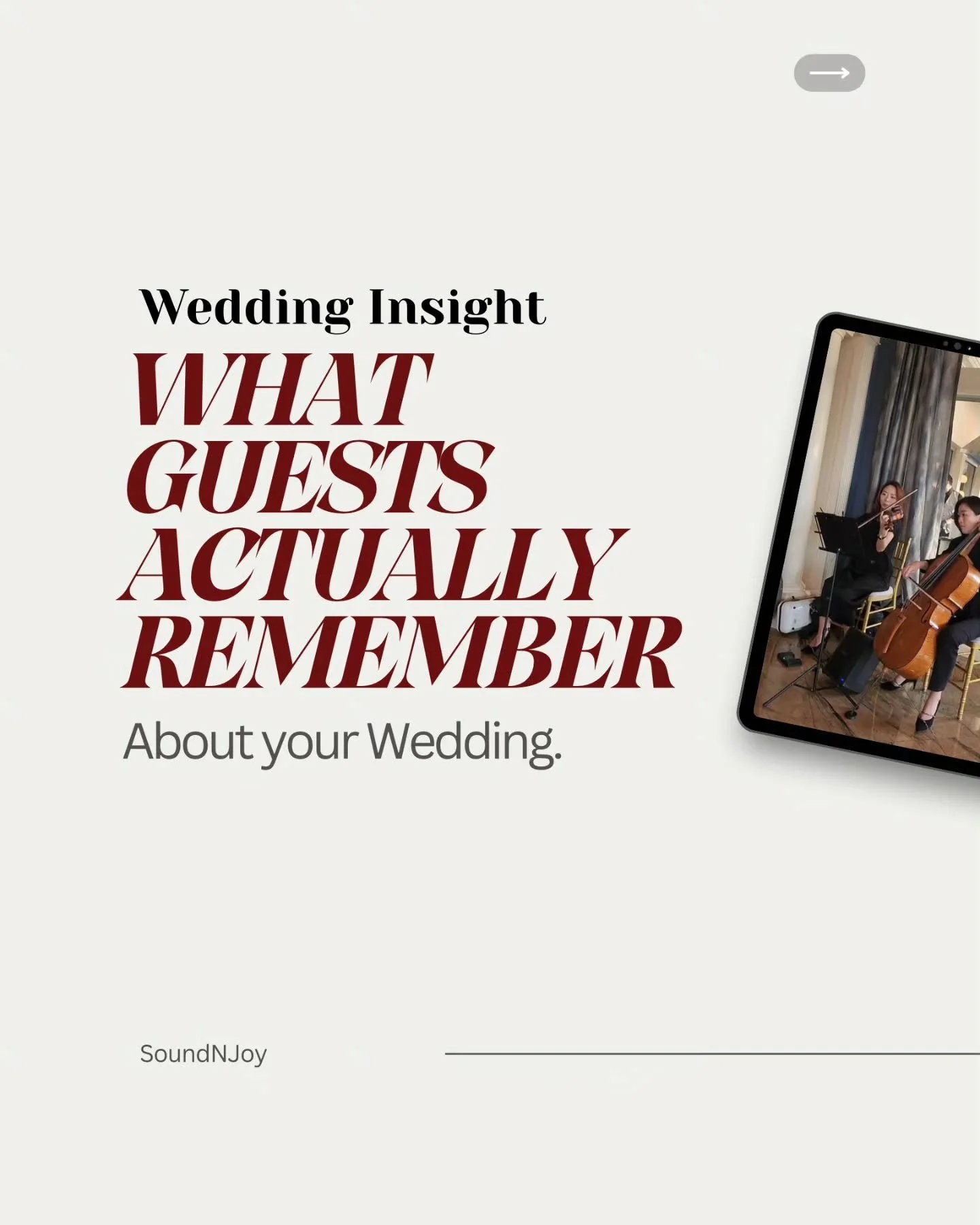 What guests actually remember isn&rsquo;t the details.
It&rsquo;s the feeling.

The moment they walk into your ceremony.
The atmosphere that surrounds them.
And the music that stays with them long after.

At Sound N Joy, we create that feeling&mdash;