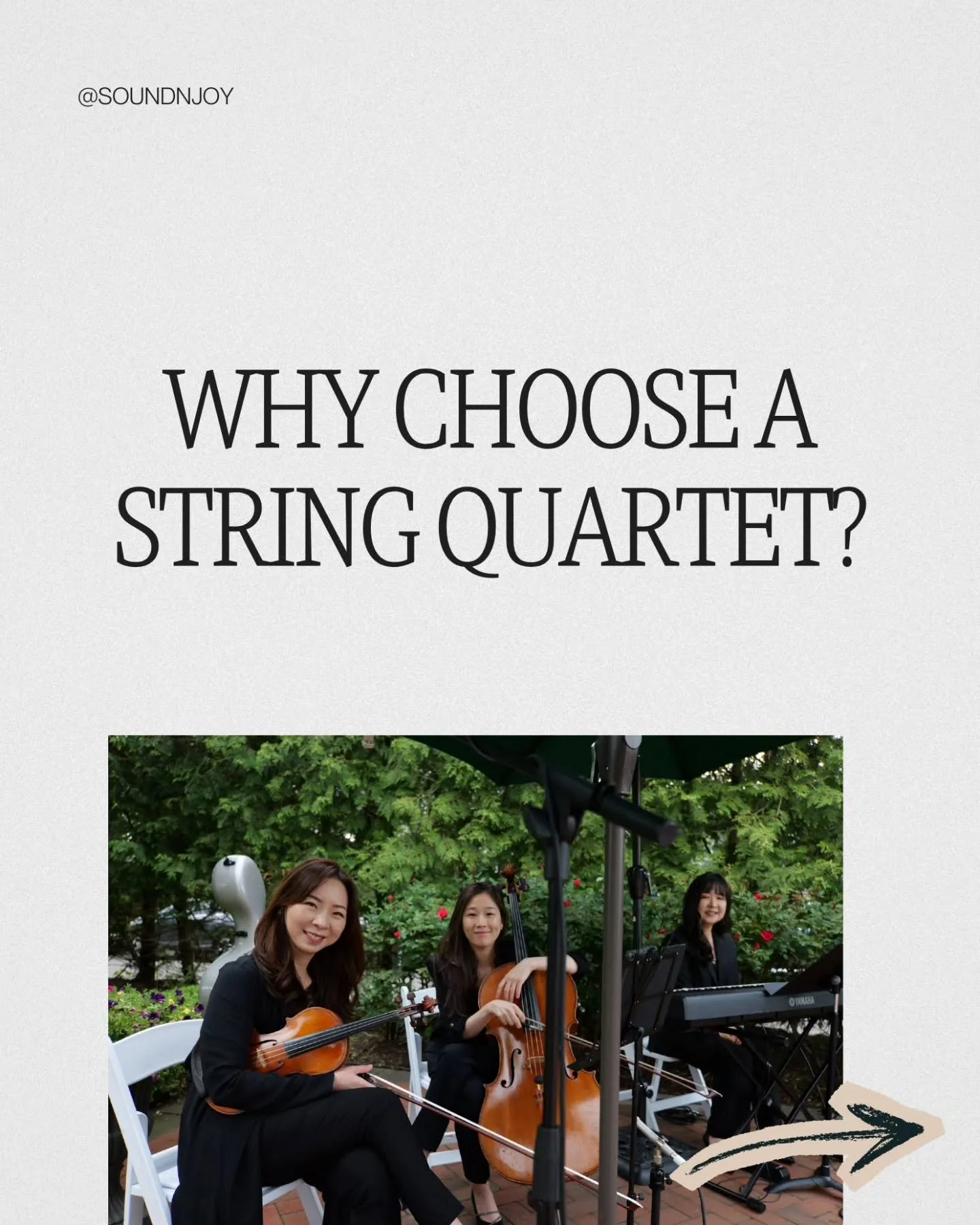 Why choose a string quartet for your big day? 🎻🤔

​It&rsquo;s about more than just background music&mdash;it&rsquo;s about creating an elevated atmosphere that your guests will feel the moment they arrive. From timeless classical pieces to your fav