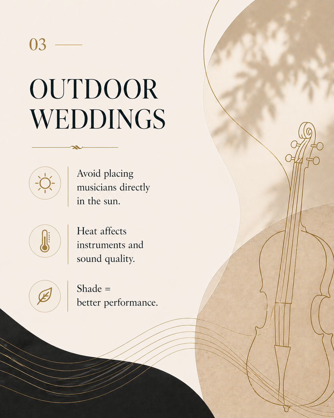 Outdoor wedding string musicians performing in a shaded area to protect instruments and maintain sound quality.