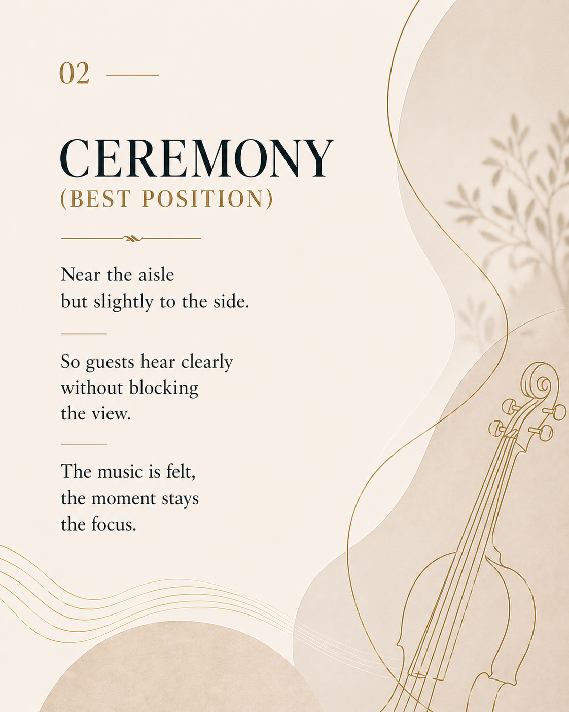 Wedding ceremony string quartet positioned near the aisle for optimal sound quality and guest experience at a New Jersey wedding.