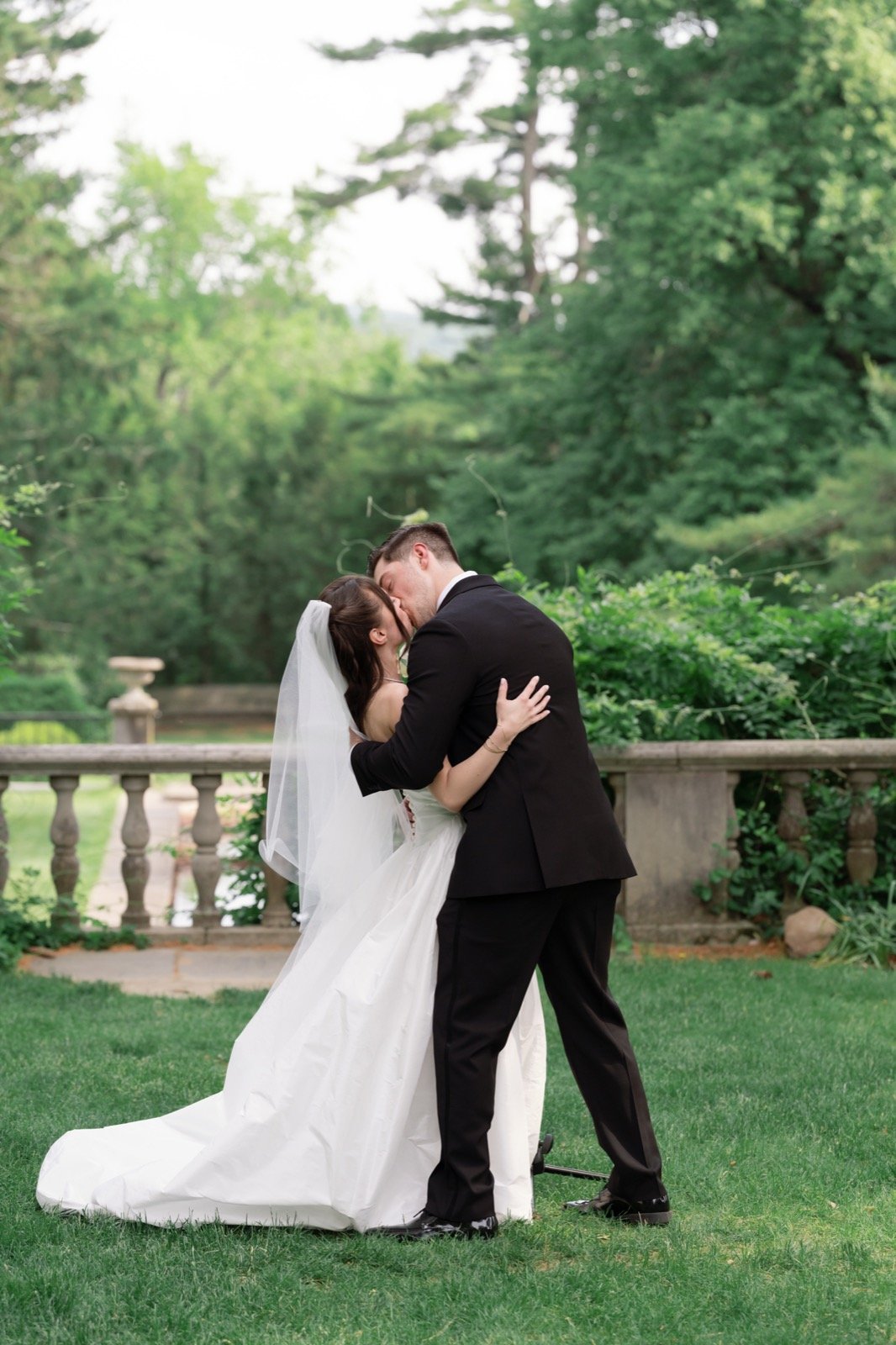 Bride and groom embracing at Skyland Manor in New Jersey