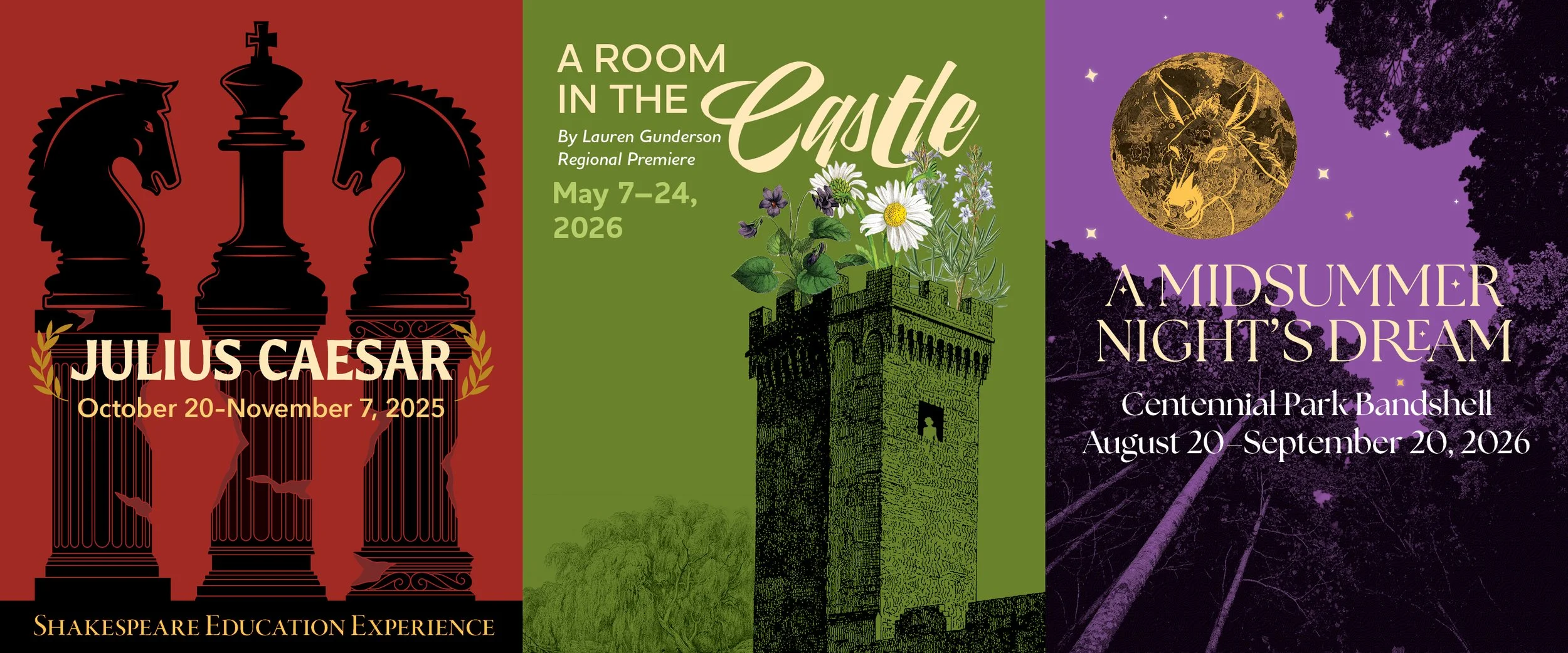 Performance designs for Julius Caesar, A Room in the Castle, and A Midsummer Night's Dream by Luminea Creative