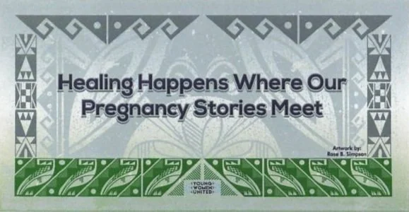 A graphic with a geometric border around, the top three sides being gray and the bottom being green. In the middle, the text reads "Healing happens where our pregnancy stories meet"