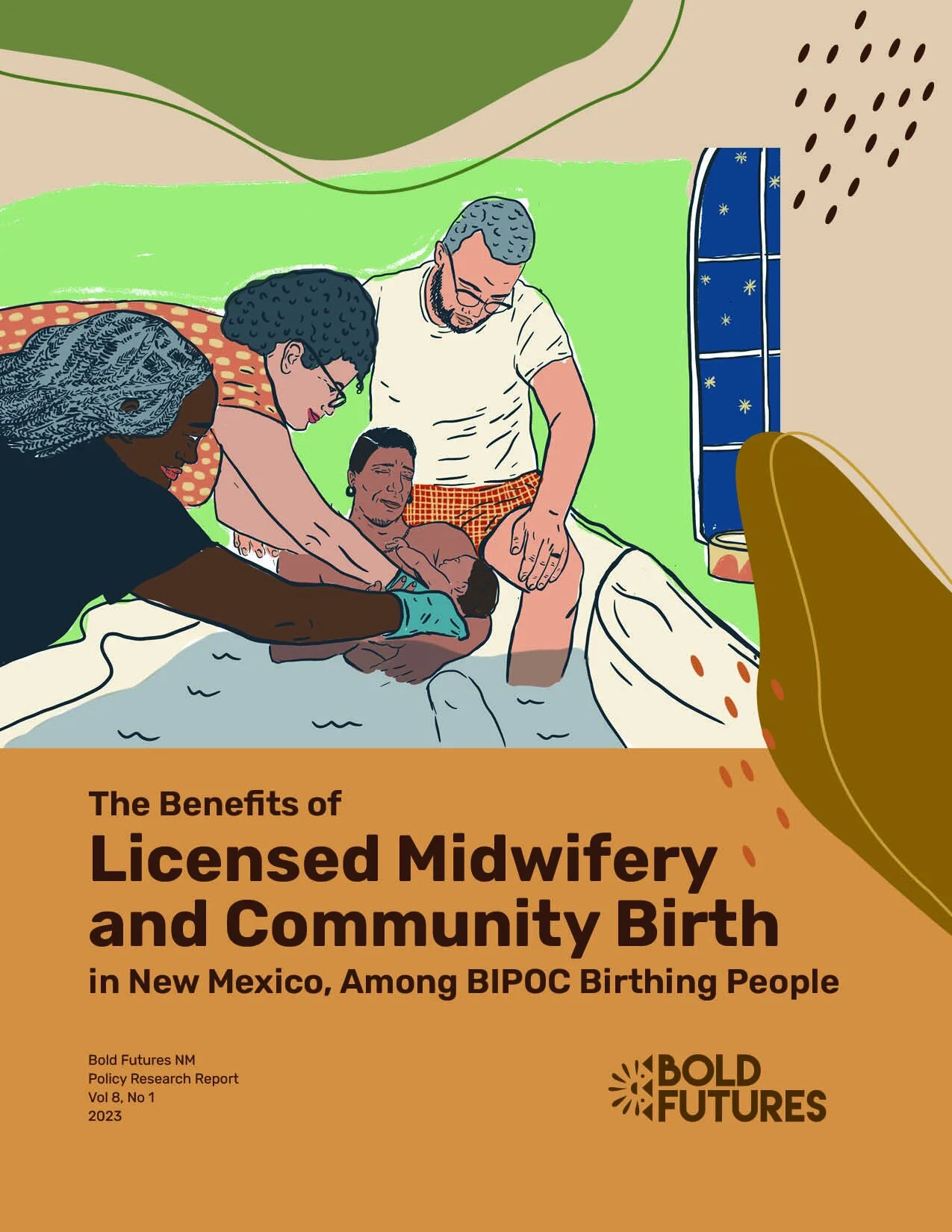 Illustrated cover of a woman giving birth in a bath, her husband behind her, and two midwives on the side assisting.