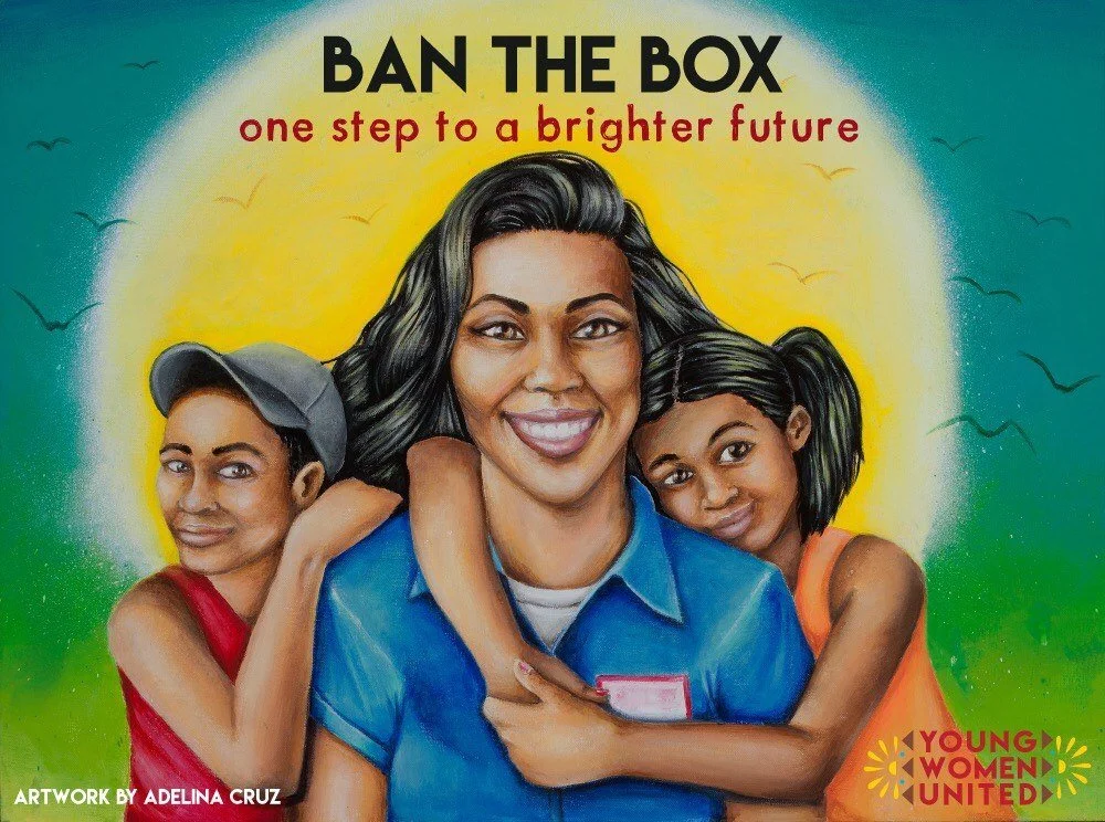 An illustration of a woman and two children hugging her shoulders, with a sun in the background and bird silhouettes. The title reads "Ban the Box: one step into a brighter future"