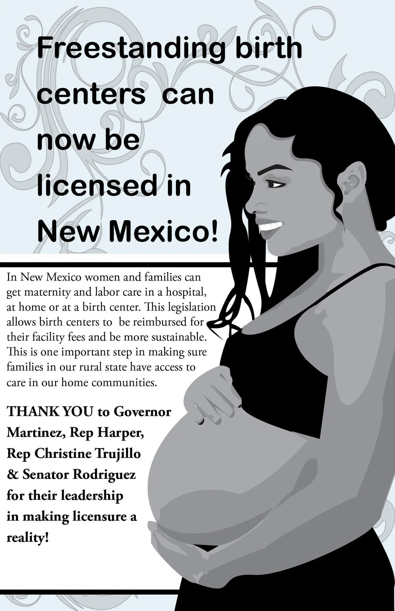 A graphic poster that reads "Freestanding birth centers can now be licensed in New Mexico!" with a graphic of a side profile of a woman smiling.
