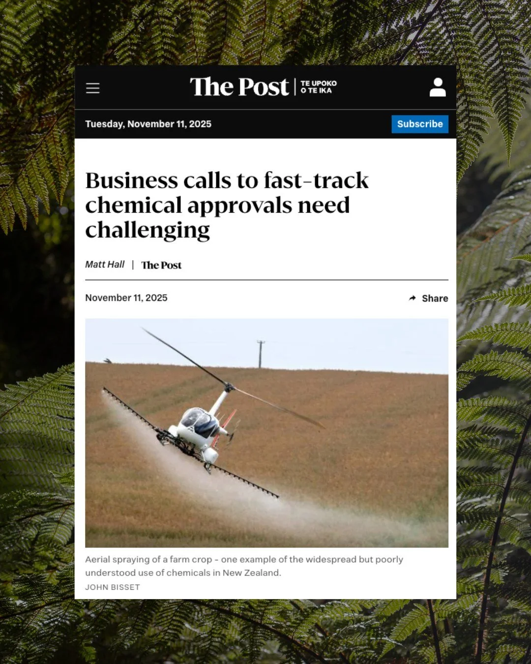 Dr Matt Hall, our Director of Research and Legal, is in The Post today talking about why, in Aotearoa, we must strengthen our regulation of hazardous chemicals, rather than deregulating and fast-tracking these dangerous substances, as BusinessNZ and 