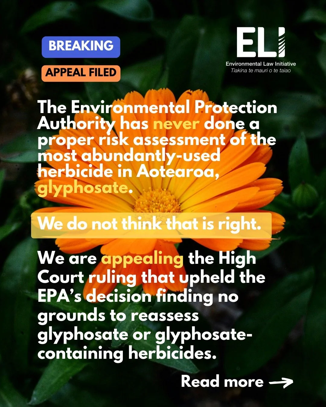 Breaking: We have lodged an appeal against the High Court ruling that upheld the Environment Protection Authority&rsquo;s (EPA) decision finding no grounds to reassess glyphosate or glyphosate-containing herbicides (such as RoundUp). 

Despite being 