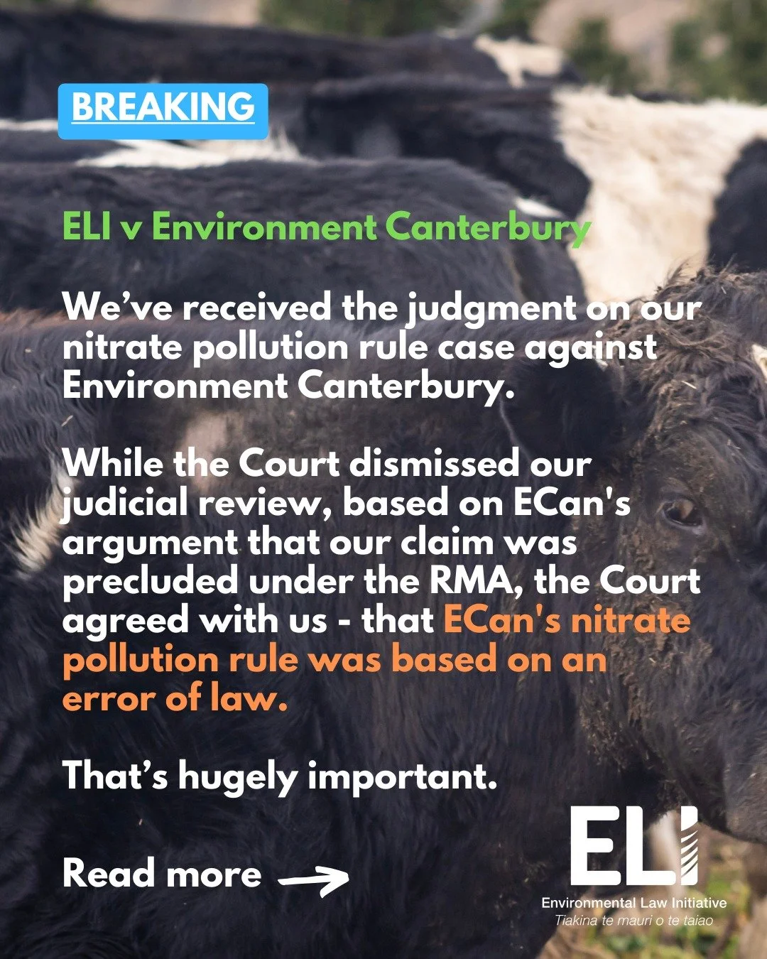Yesterday afternoon, we received the judgment on our case against Environment Canterbury. It's a doozy of a Christmas present. 

While the Court dismissed our judicial review, based on ECan's argument that our claim was precluded under the RMA, the C