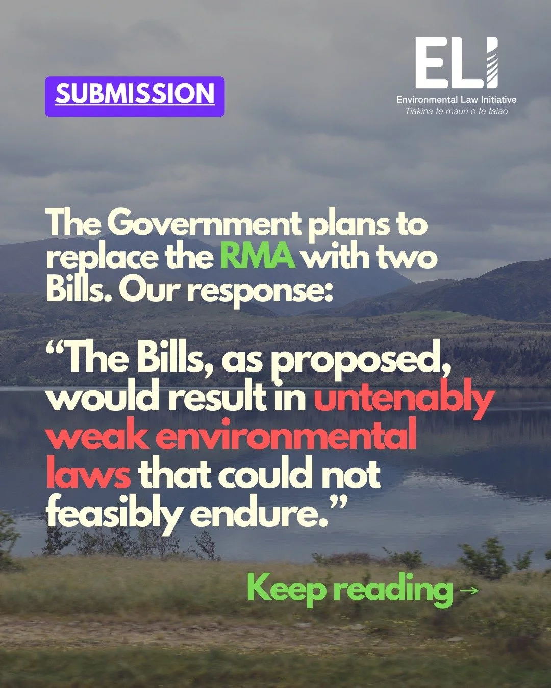 The Government plans to replace the Resource Management Act with two Bills. The Bills, as proposed, would result in untenably weak environmental laws that could not feasibly endure.

Taken together, the Bills would substantially weaken New Zealand&rs