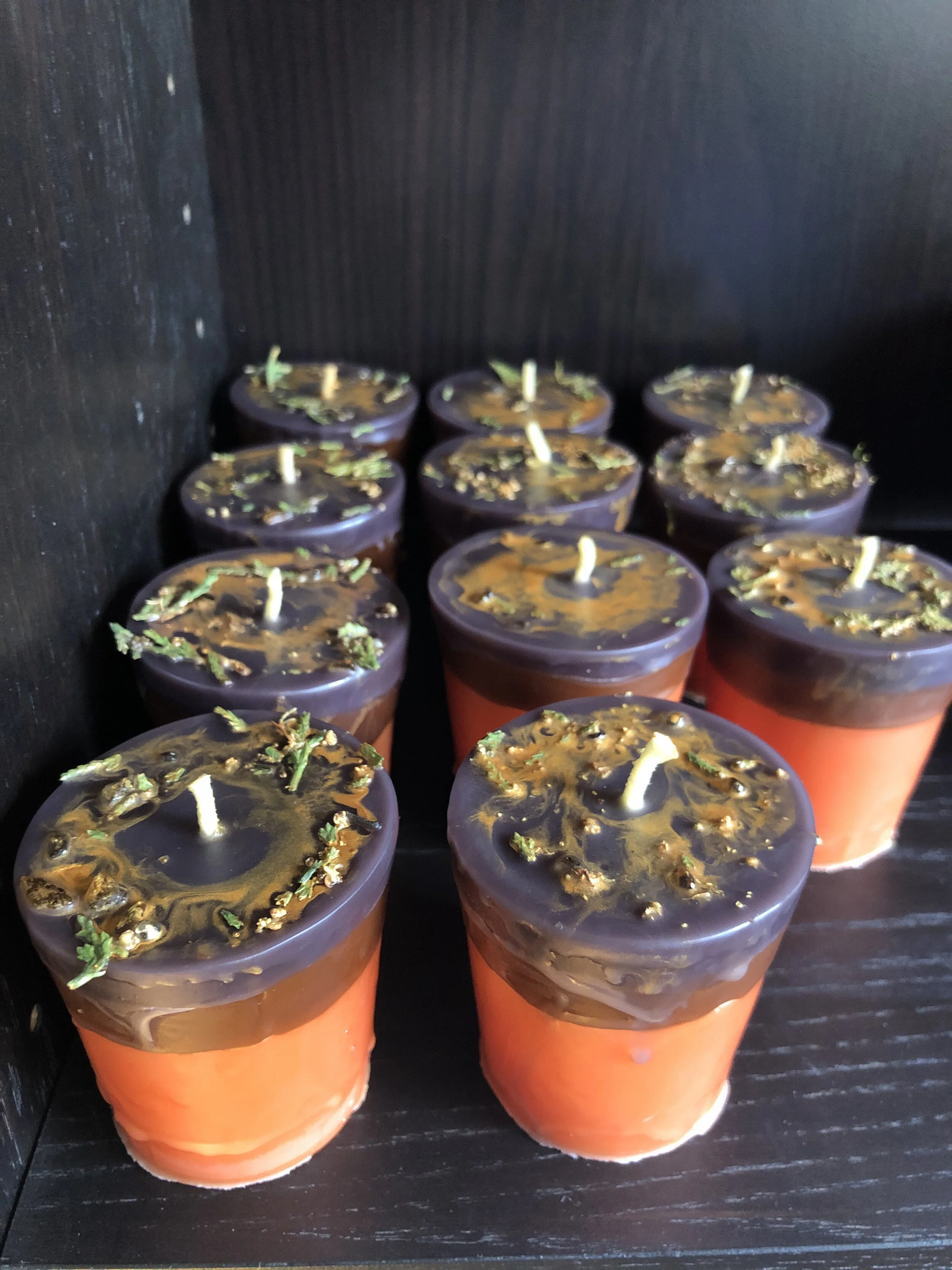 Purple/orange spellwork candles