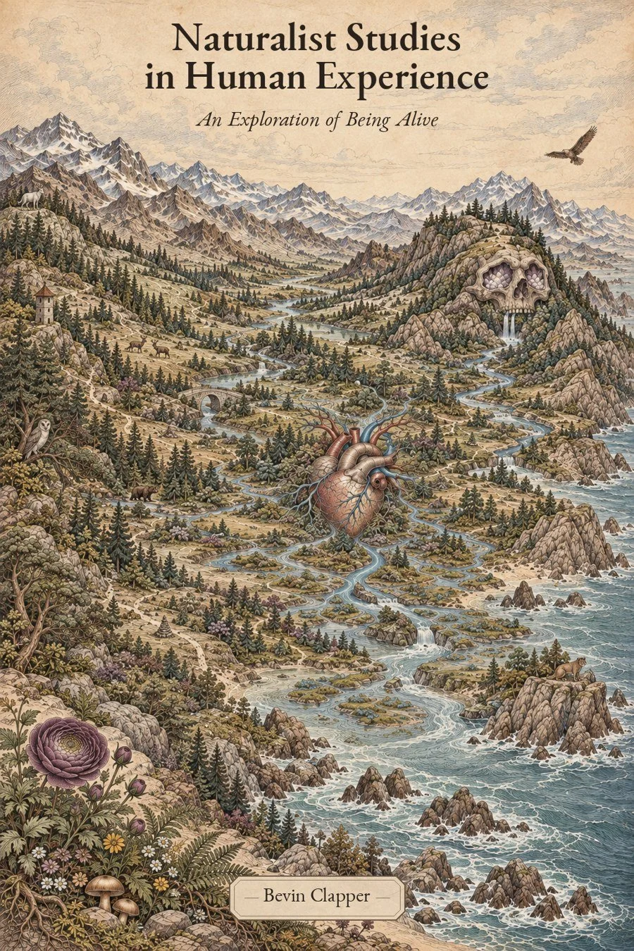 Cover of An Exploration of Being Alive by Bevin Clapper, featuring an illustrated mountain landscape, rivers, an anatomical heart, wildlife, and botanical details.