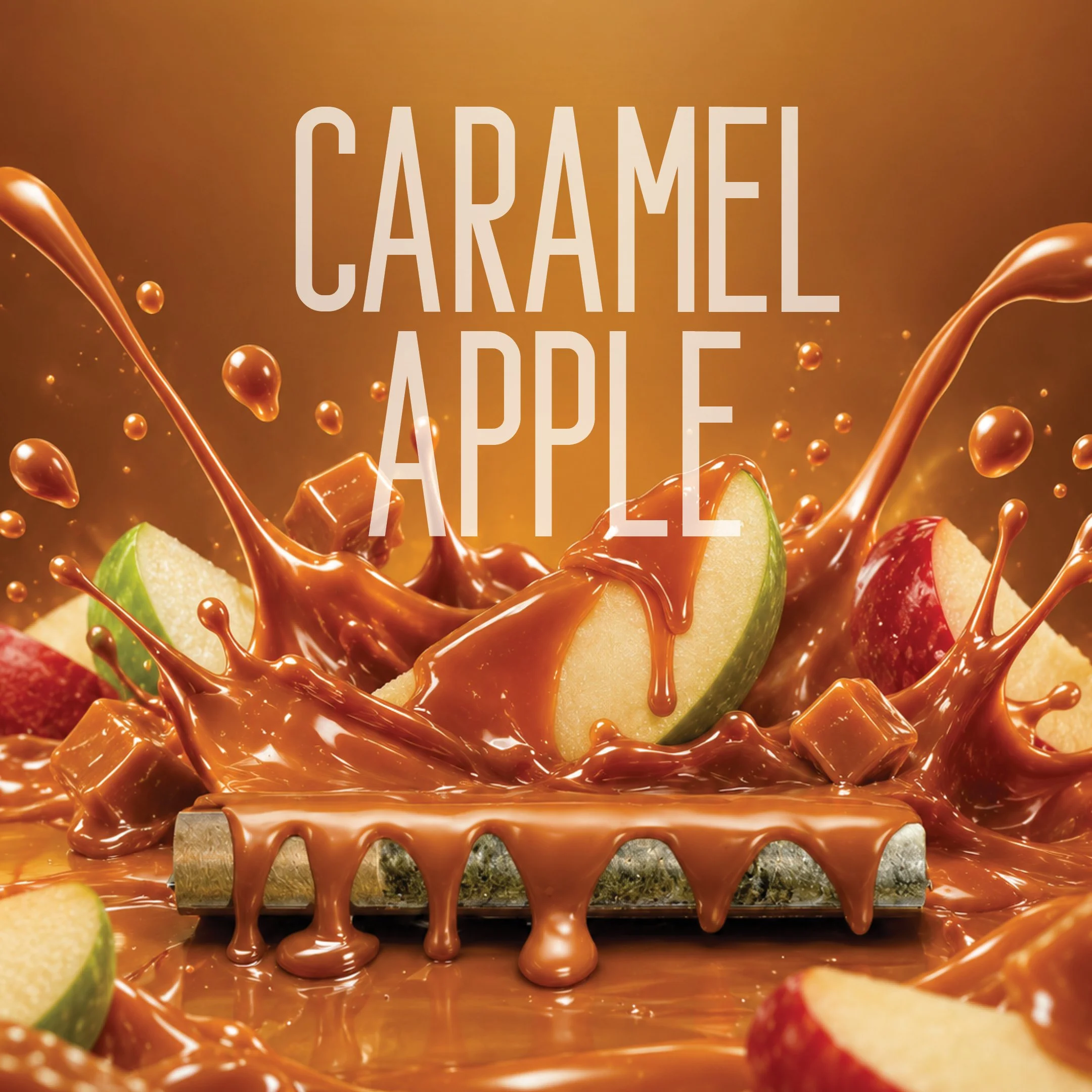 Caramel Apple flavor-infused pre-roll by Grasshopper Farms, shown with caramel-drizzled green apples