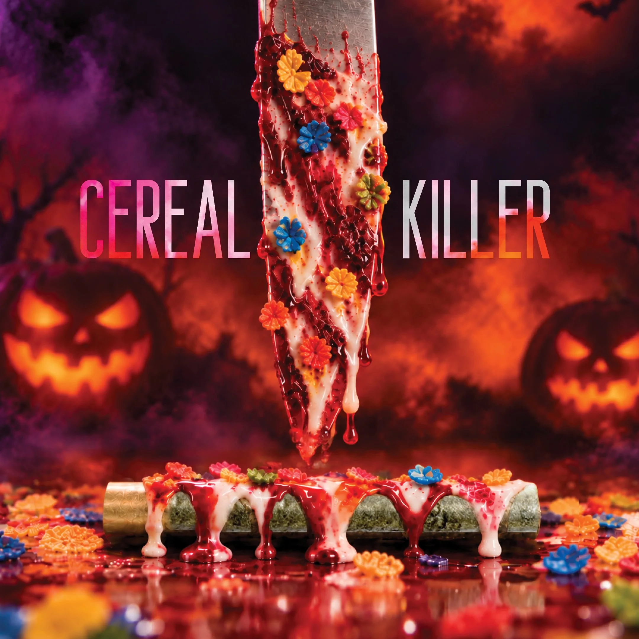 Cereal Killer flavor-infused pre-roll by Grasshopper Farms, shown with a colorful candy-covered Halloween treat