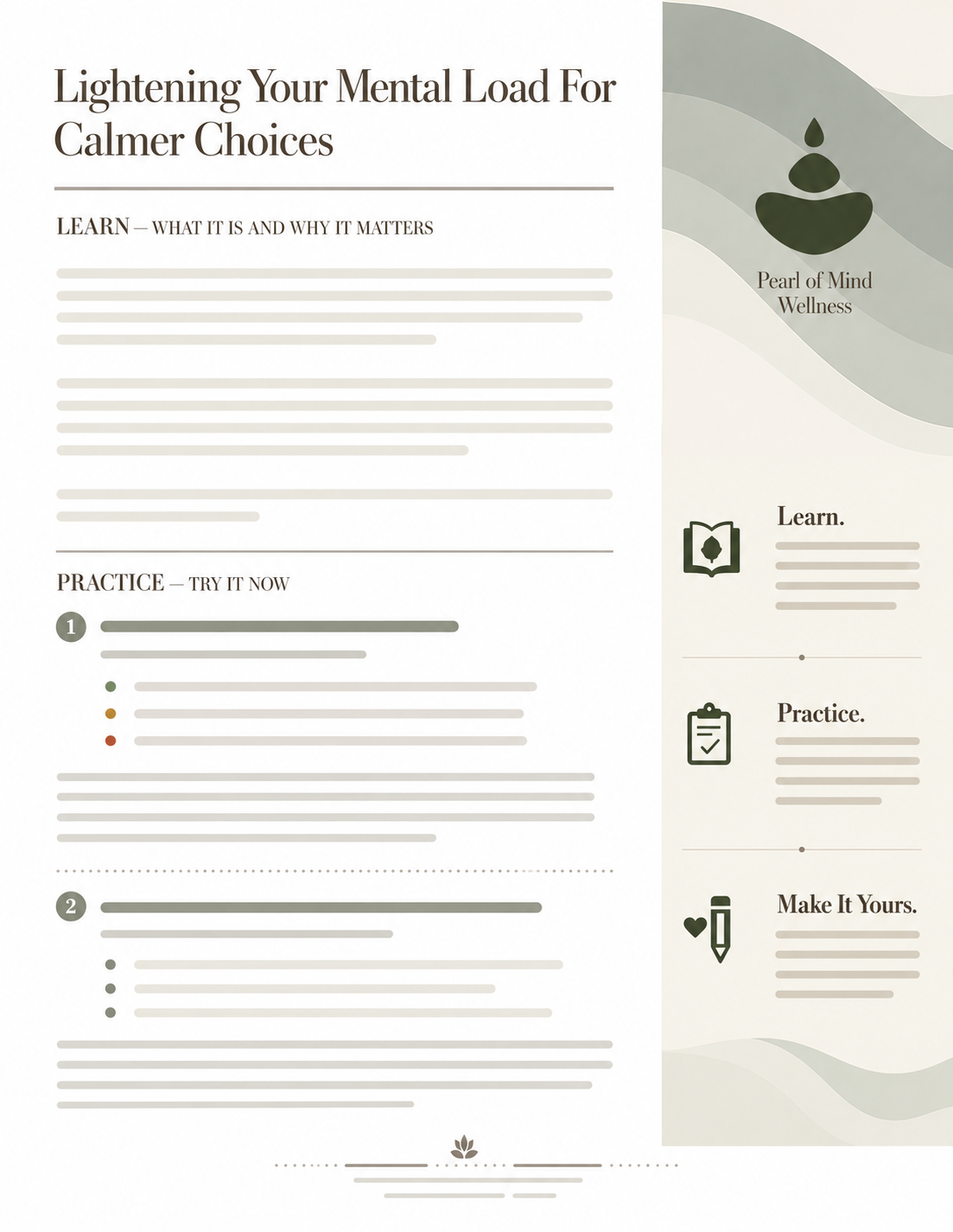 A wellness worksheet titled 'Lightening Your Mental Load for Calmer Choices' with sections for learning, practicing, and making it your own, featuring a logo of a water droplet with stones and the name Pearl of Mind Wellness.