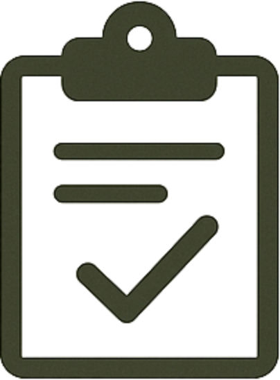Clipboard with a checklist, featuring two lines of text and a large checkmark at the bottom.