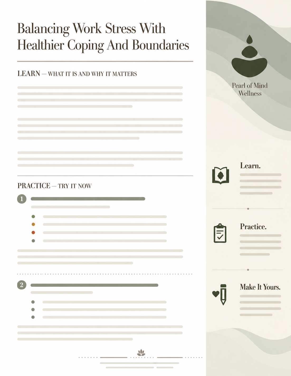 A wellness guide titled 'Balancing Work Stress With Healthier Coping And Boundaries' with sections for learning, practice, and tips, featuring a logo with stacked stones and leaves, and a color palette of green, beige, and white.