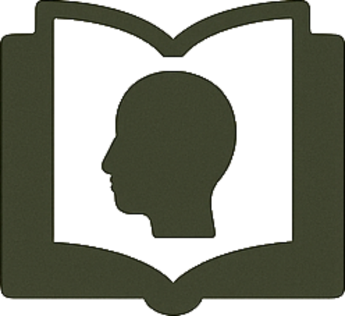 Silhouette of a person's head inside an open book with a shield outline around it.