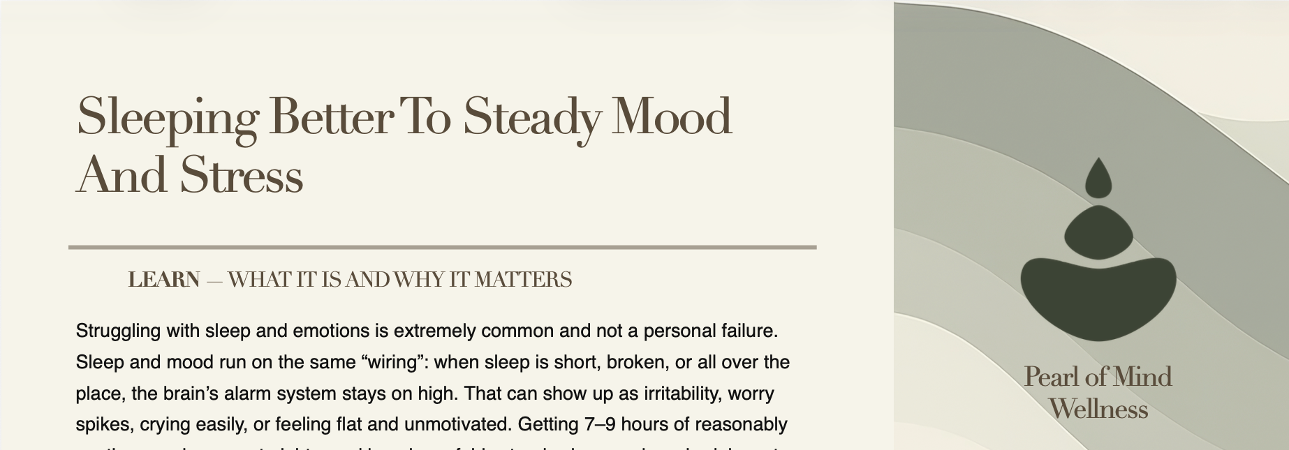 Wellness website page titled 'Sleeping Better To Steady Mood And Stress' with a stylized black icon of a person meditating and the text 'Pearl of Mind Wellness' on a light green and beige background.