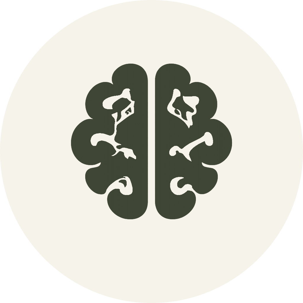 Illustration of a brain in dark green on a light background, with a symmetrical design.
