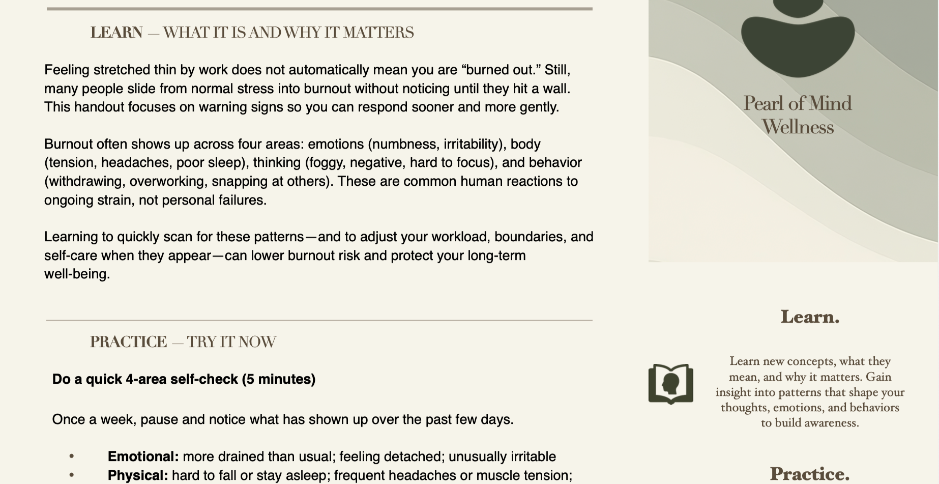 A page from a wellness guide titled "Learn - What It Is and Why It Matters" and emphasizes burnout signs, patterns, and self-check exercises for stress management, highlighting emotional and physical indicators.