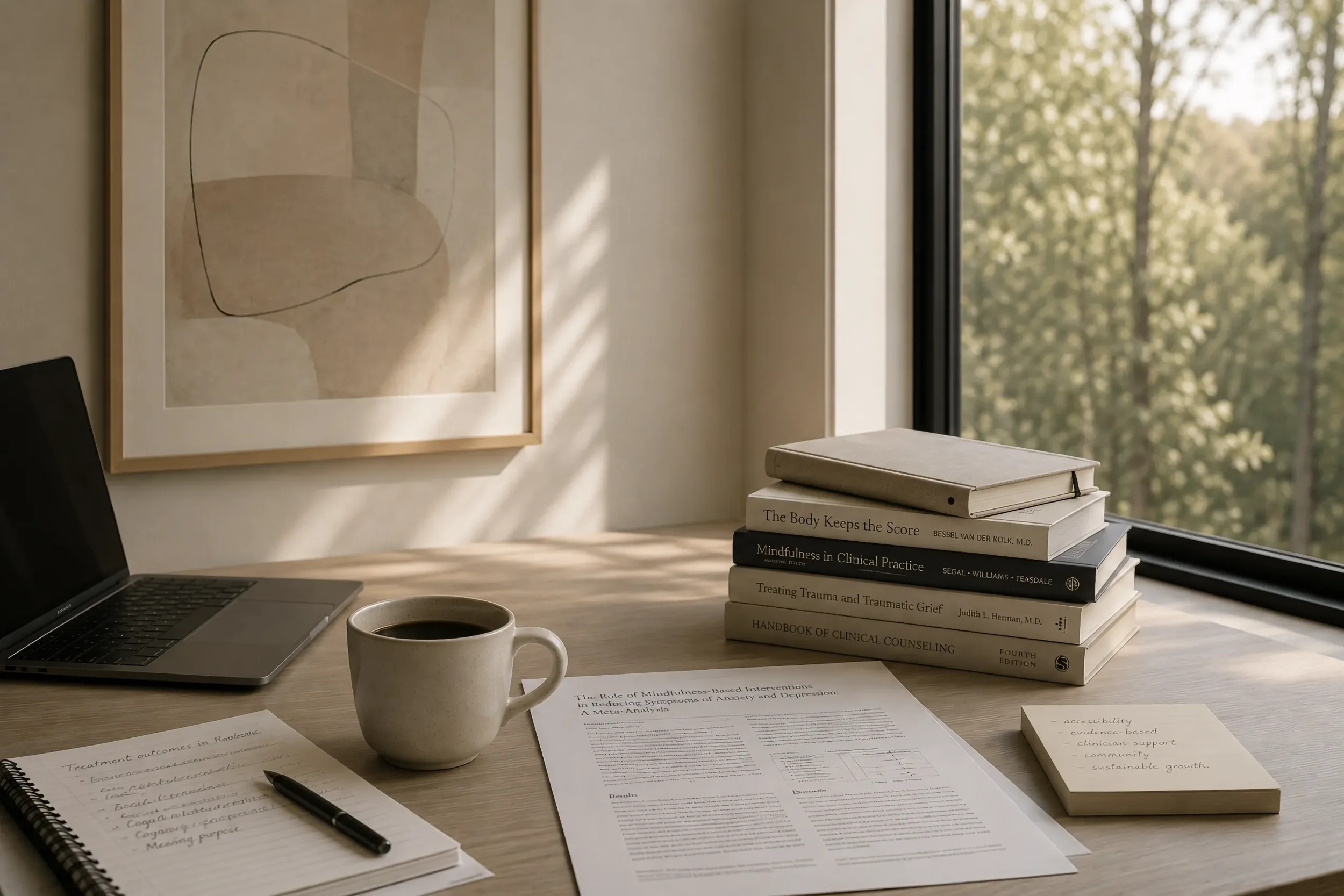 A desk with papers, a pen, a ceramic mug, a laptop, a stack of books, framed artwork on the wall, and a window showing trees outside.