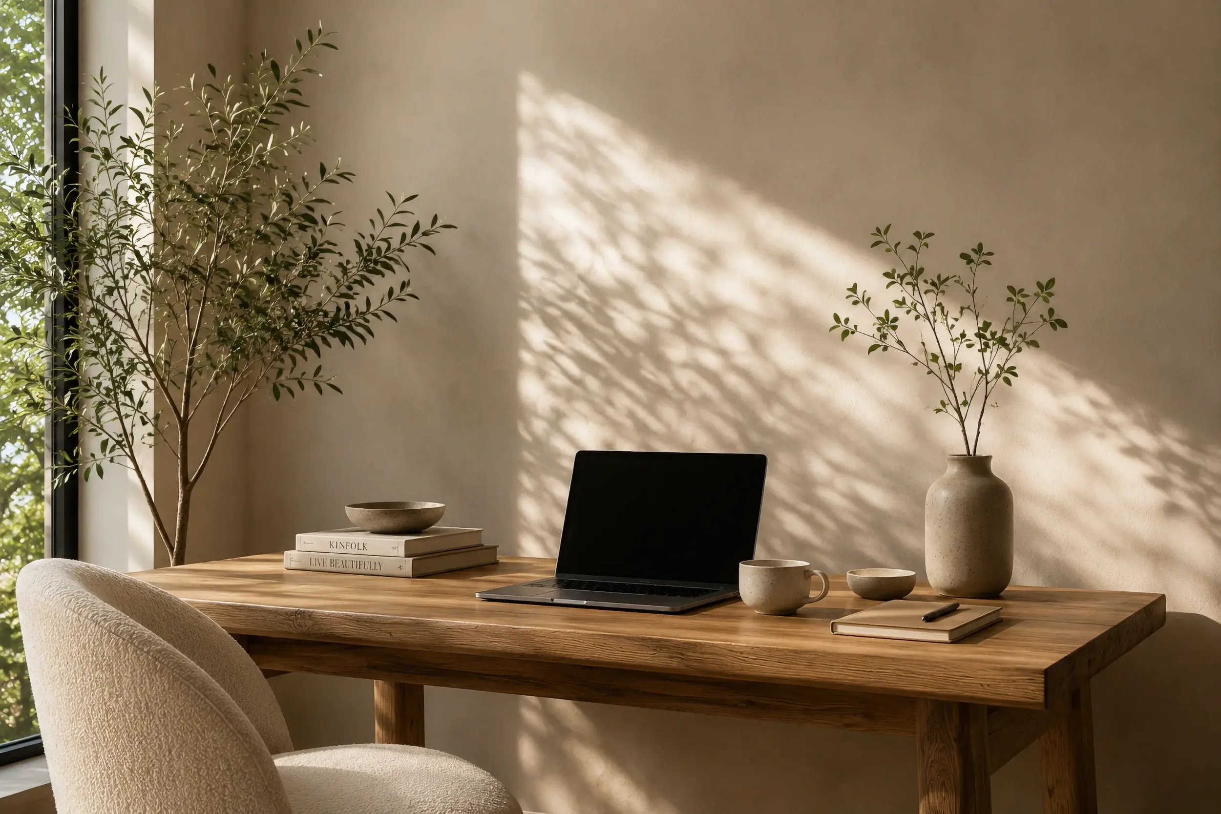 A cozy dining area with a wooden table, beige upholstered chairs, large potted plants, a laptop, a mug, a notebook, and a book titled 'Kinfolk' with words 'Live Beautifully' on the cover, illuminated by sunlight through a window, casting shadows on the wall.