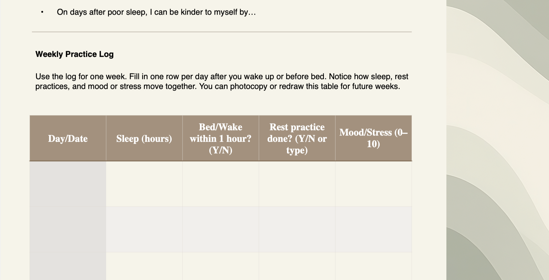 A weekly practice log table with columns for date, sleep hours, within 1 hour wake/before bed (Yes/No), rest practice completion (Yes/No), and mood/stress level (0-10), with sample data entries.