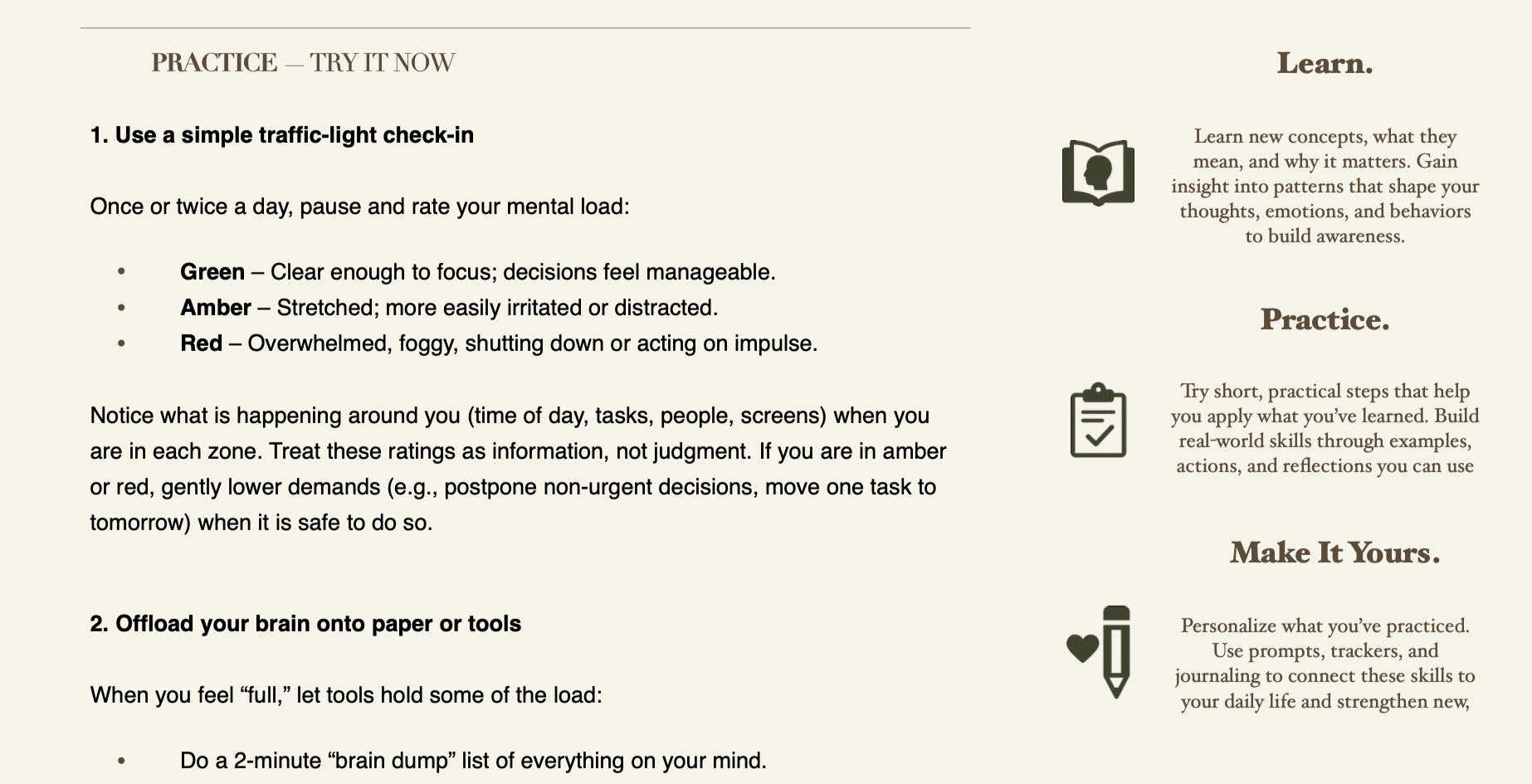 A two-page spread with practical tips on mental load management. The left side lists steps for mental check-ins and offloading tasks. The right side features sections titled 'Learn,' 'Practice,' and 'Make It Yours,' with icons and detailed descriptions.