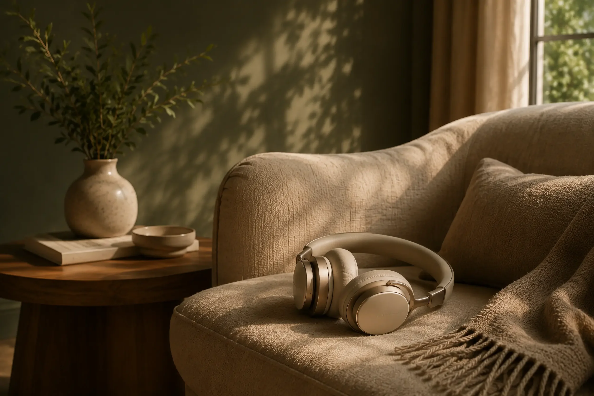 A cozy living room scene with sunlight streaming through window curtains, illuminating a beige textured sofa with a matching pillow, white headphones resting on the armrest, and a wooden side table topped with a beige vase containing green leafy branches and two small bowls.