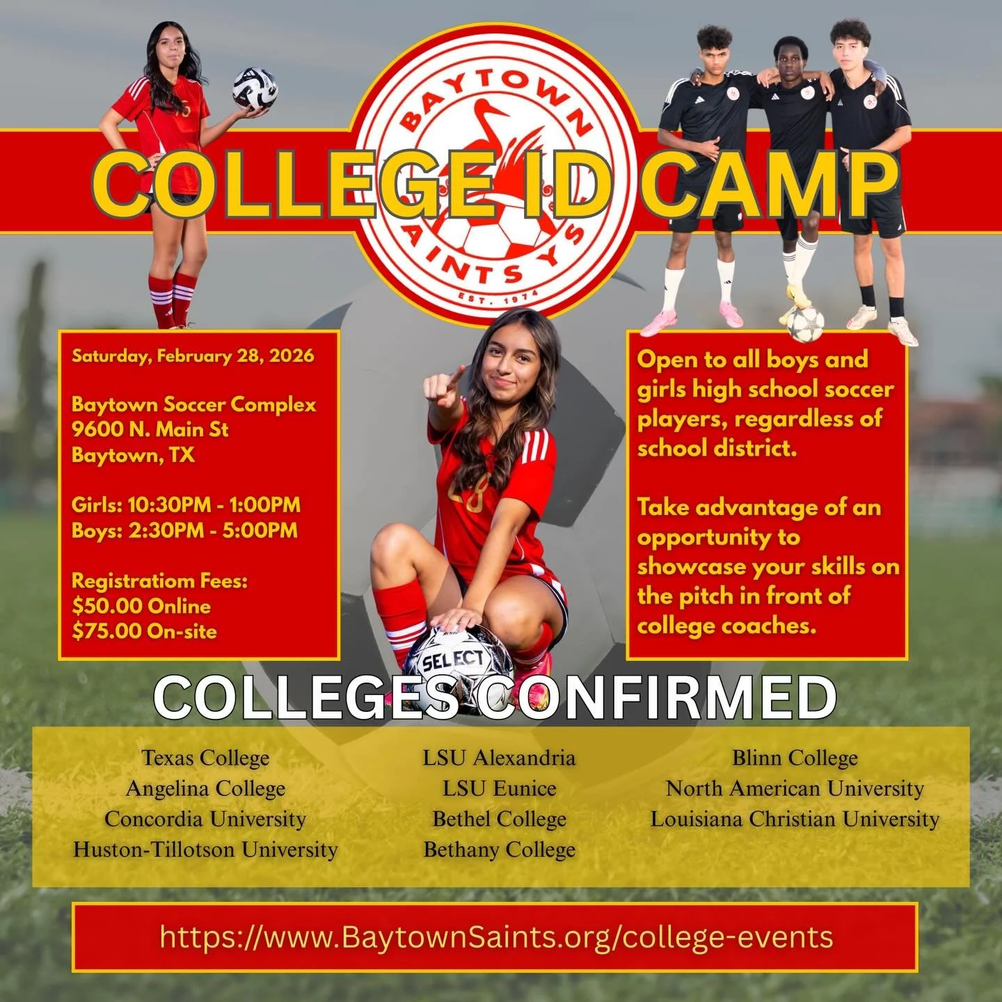 - College ID Camp
- Open to all high schoolers
- register at www.baytownsaints.org/college-events
- questions? Contact Coach Robert at Duhon.robert78@gmail.com