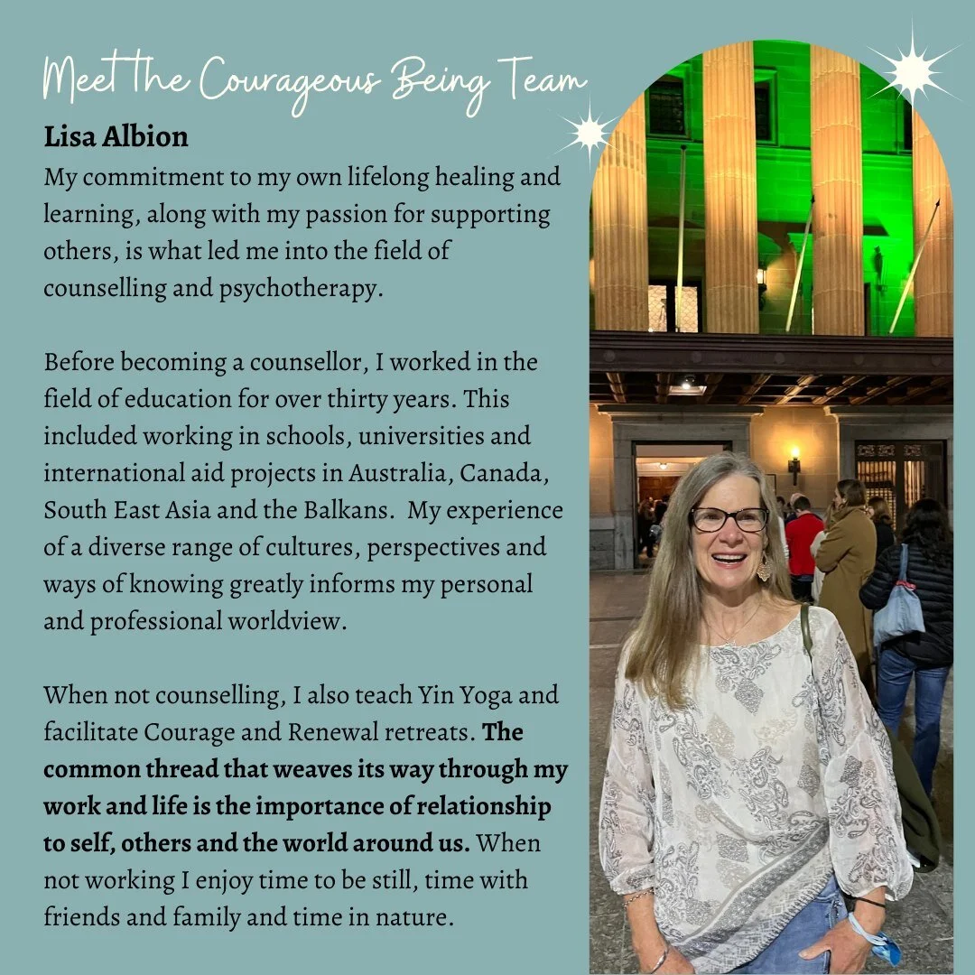 Meet Lisa, a warm hearted, calm and deeply empathetic person and therapist. Connect with Lisa for therapy that is soulful. Book at www.courageousbeing.com.au