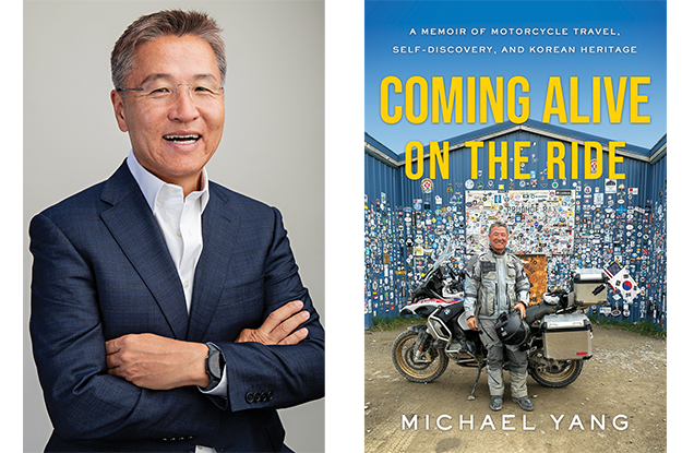 Author Michael Yang, a Korean man with graying hair wearing glasses, a blue suit jacket and a white collared shirt. Coming Alive on the Ride book cover featuring Yang in motorcycle gear in front of his motorcycle and a building covered with stickers.
