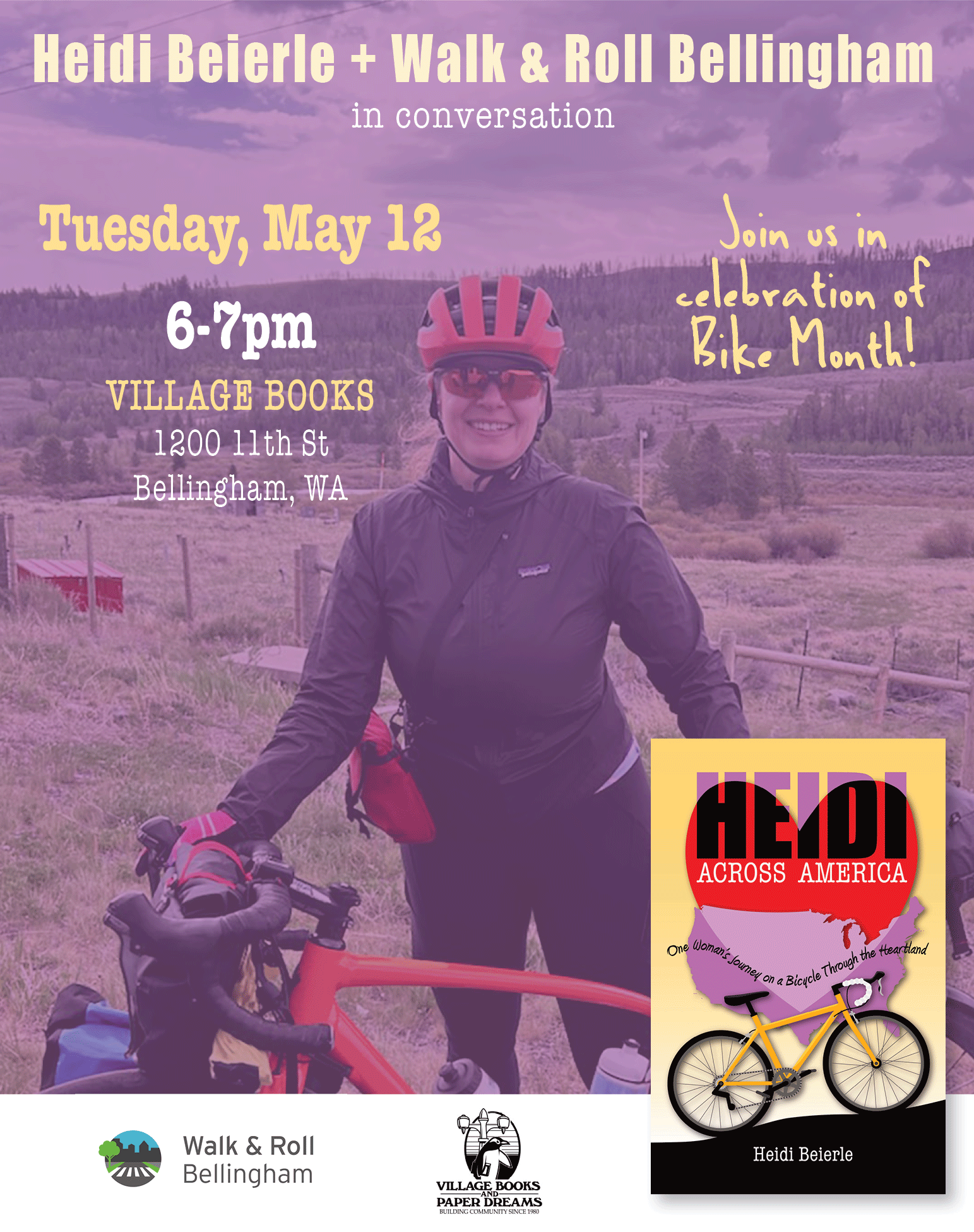 Woman holding an orange bicycle loaded with touring gear in a western landscape. Heidi Beierle + Walk & Roll Bellingham in conversation Tue May 12, 6-7pm, Village Books 1200 11th St, Bellingham, WA. Join us in celebration of Bike Month!