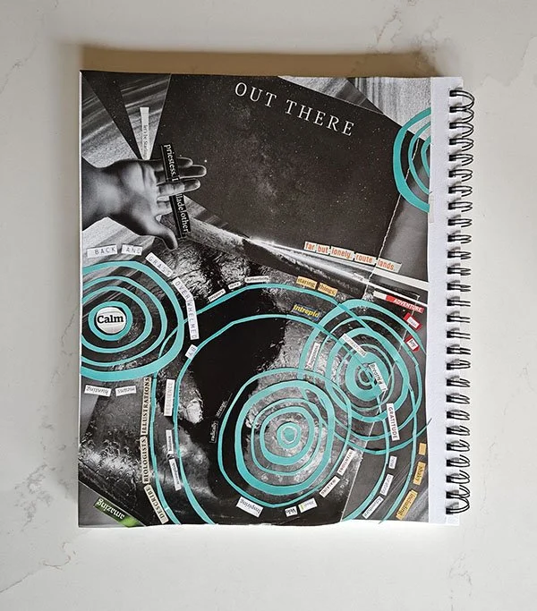 Black and white collage background with a night sky that reads Out There, a reflection of a girl in water below, and a hand reaching toward the night sky. Aqua rings are atop the black and white images with various words as part of the ripples.