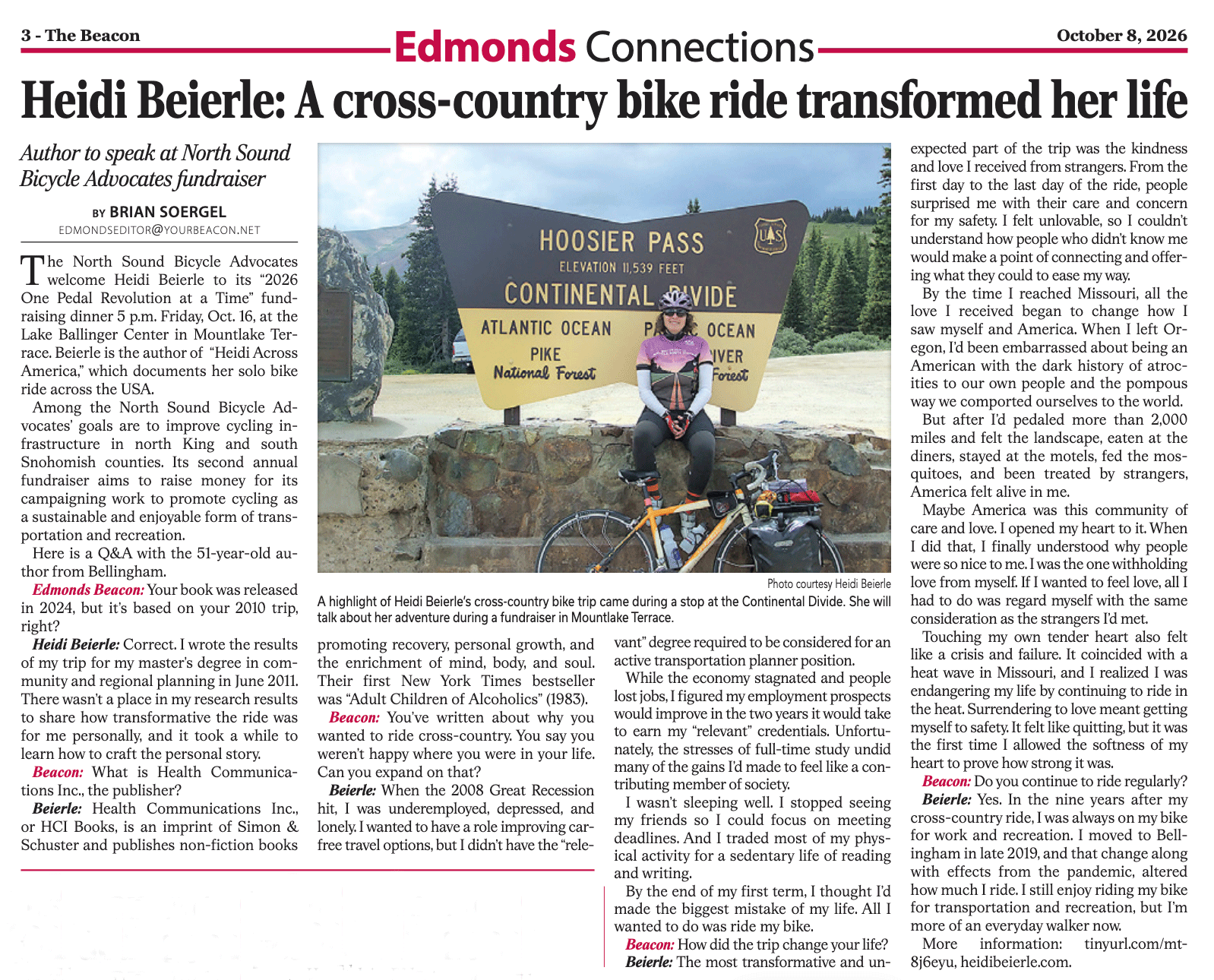 Full article - Heidi Beierle: A cross-country bike ride transformed her life. Author to speak at North Sound Bicycle Advocates fundraiser.