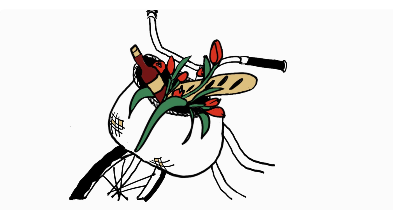 Illustration of a bicycle with a handlebar basket filled with wine, bread, and tulips.