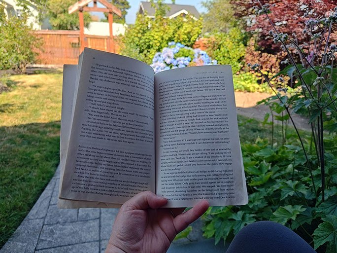 An open book with water-damaged pages on the bottom corner. The view beyond the book is of shrubs, trees, grass, and a fence in a neighborhood.
