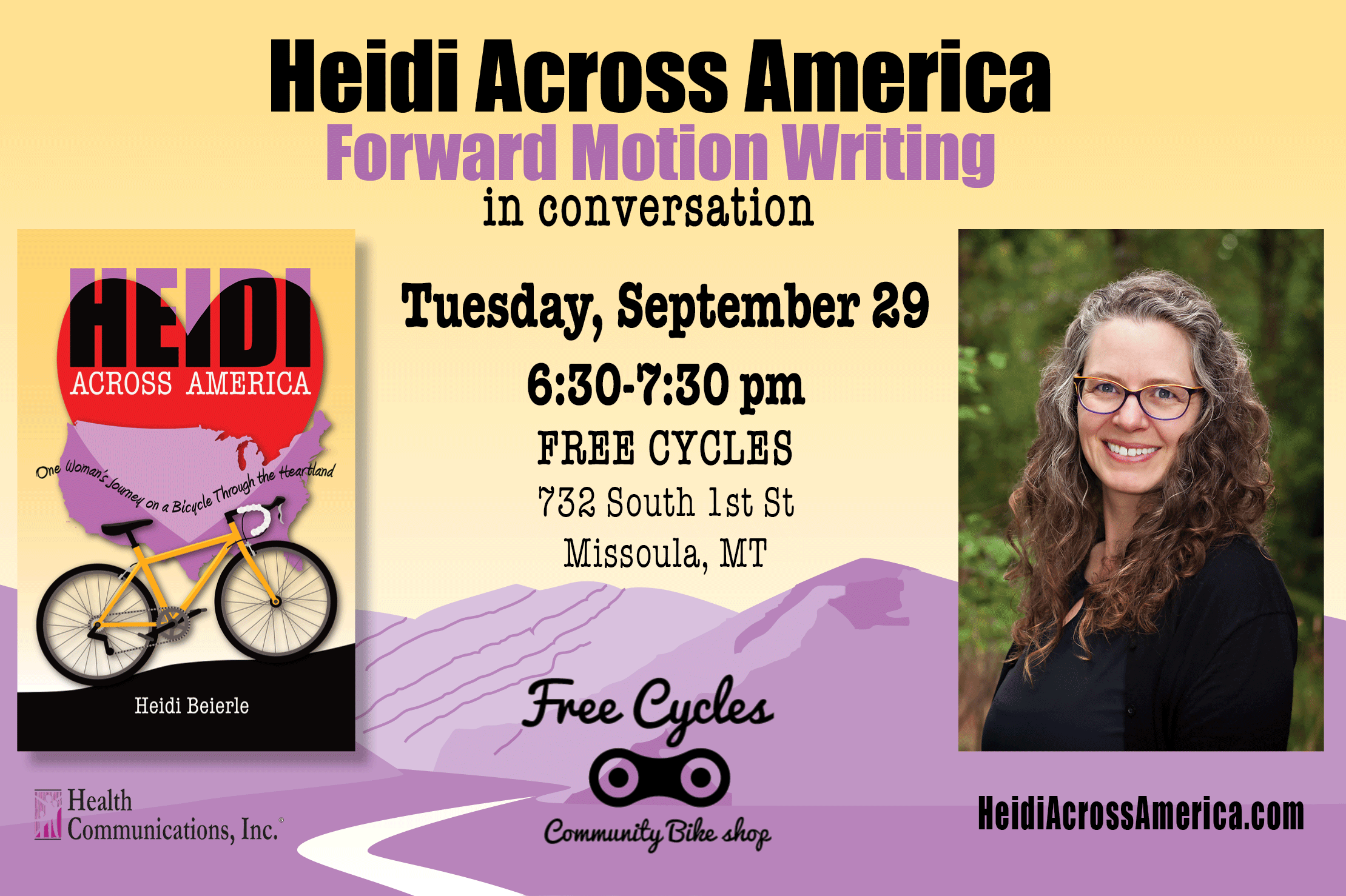 Heidi Across America and Forward Motion Writing in conversation. Tuesday Sept 29, 6:30-7:30pm, Free Cycles, 732 South 1st St, Missoula, MT. Photo of author Heidi Beierle and Heidi Across America book cover. heidiacrossamerica.com
