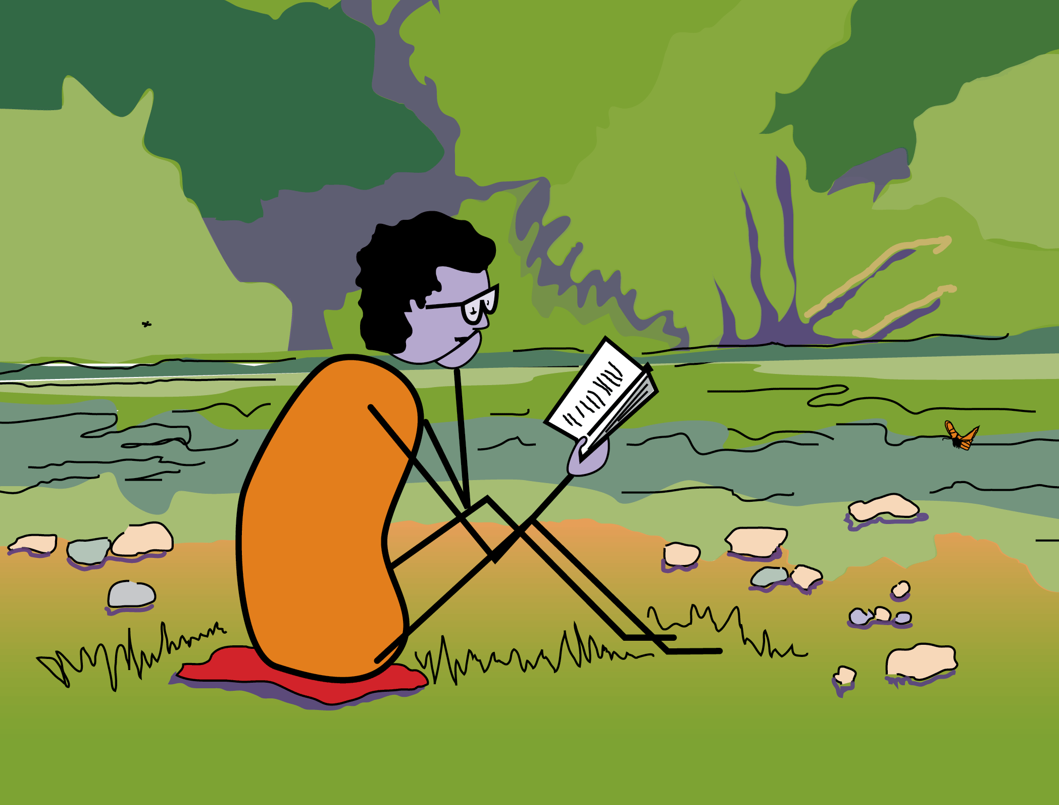 Illustration of a person reading on a grassy spot by a river with a butterfly and fly nearby.